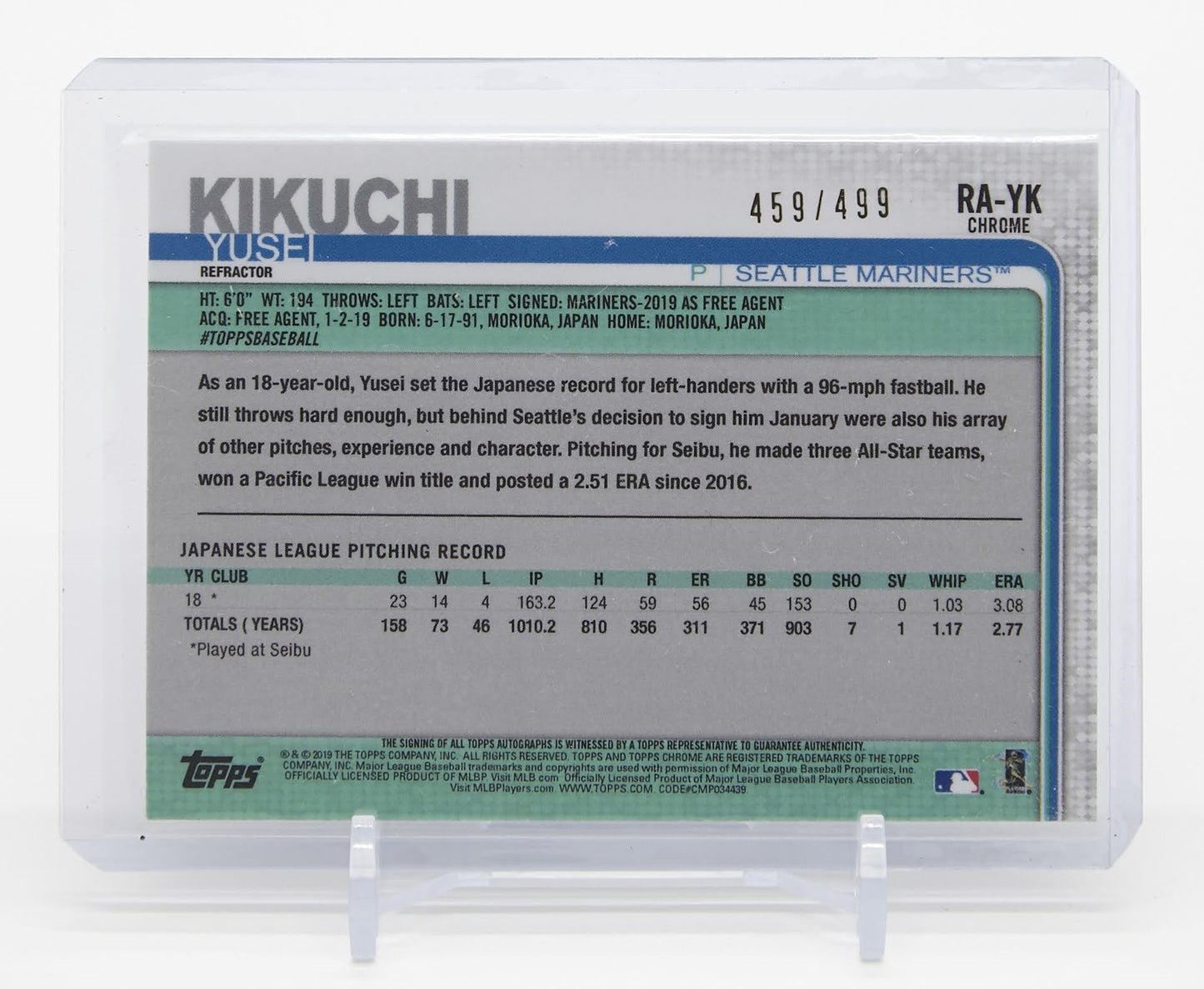 菊池雄星 直筆サイン入りルーキーカード 499枚限定リフラクター 2019 Topps Chrome Refractor #RA-YK Yusei Kikuchi RC AUTO #'d/499