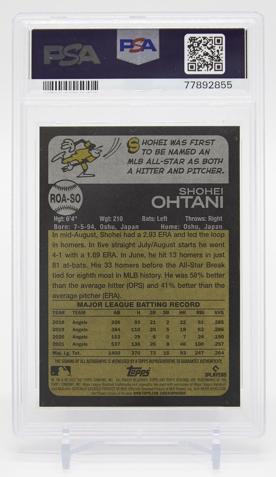 大谷翔平 直書きサインカード【PSA グレーディング済 9 MINT】 2022 Topps Heritage Real One Auto #ROA-SO On-Card AUTO