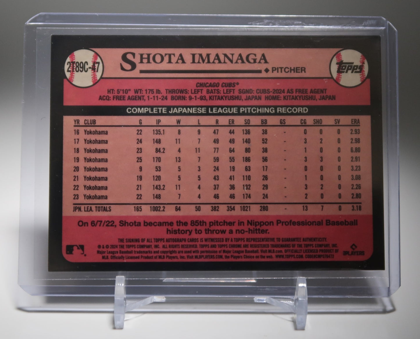 今永昇太 直筆サイン&ルーキーカード Mojoリフラクター SSP 2024 Topps Series2 Mojo Refractor 1989 Topps Chrome Silver Packs #2T89C-47 Shota Imanaga AUTO RC