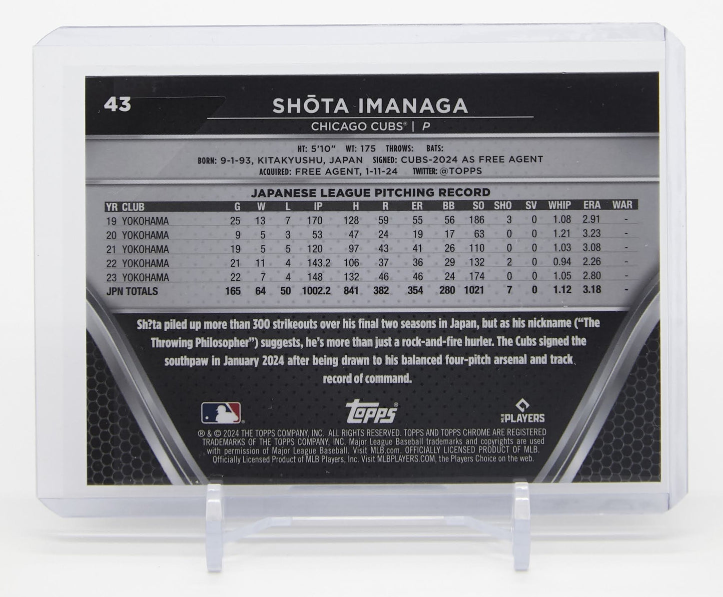 シカゴ・カブス 今永昇太 ルーキーカード 2024 Topps Chrome Black #43 Shota Imanaga RC
