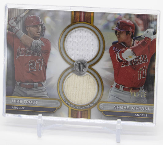 大谷翔平 マイク・トラウト デュアルレリックカード 75枚限定ゴールドパラレル 2024 Topps Tribute Dual Relic Gold #DR2-TO Mike Trout / Shohei Ohtani #'d/75
