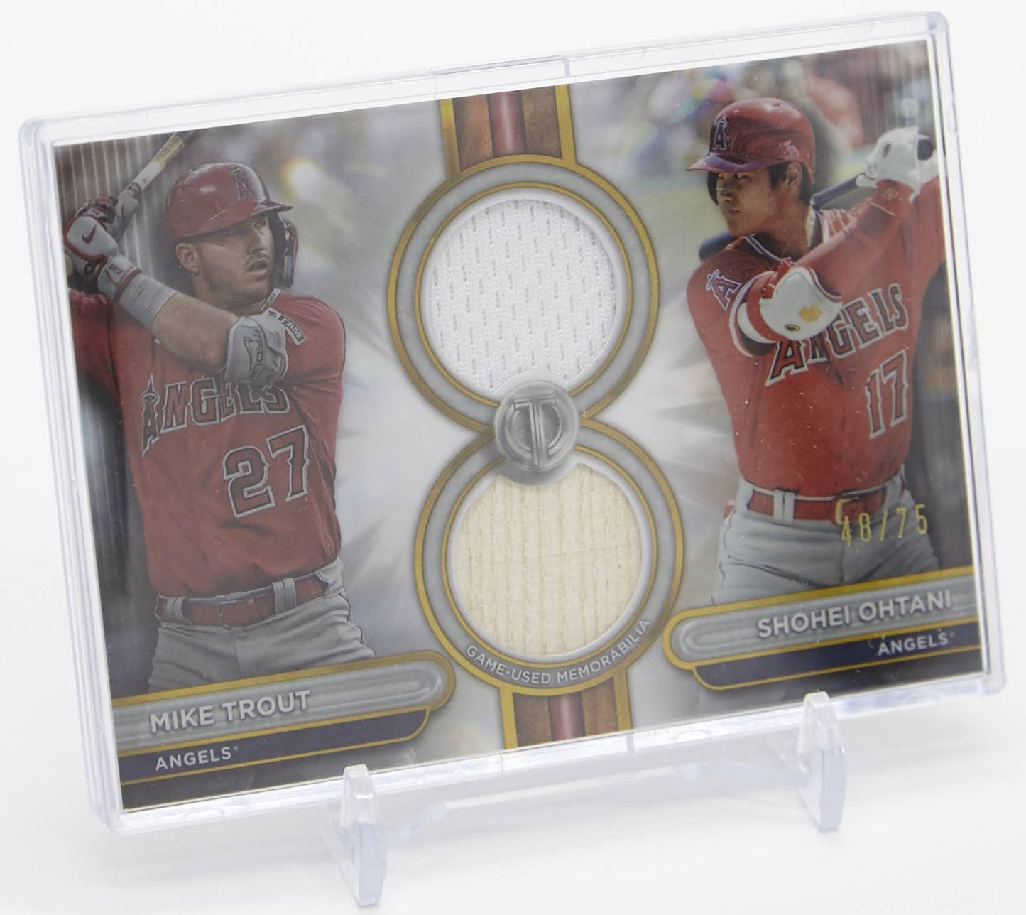 大谷翔平 マイク・トラウト デュアルレリックカード 75枚限定ゴールドパラレル 2024 Topps Tribute Dual Relic Gold #DR2-TO Mike Trout / Shohei Ohtani #'d/75