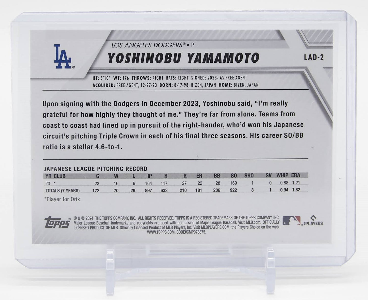 山本由伸 ルーキーカード 2024 Topps Trading Card Day #LAD-2 Yoshinobu Yamamoto RC