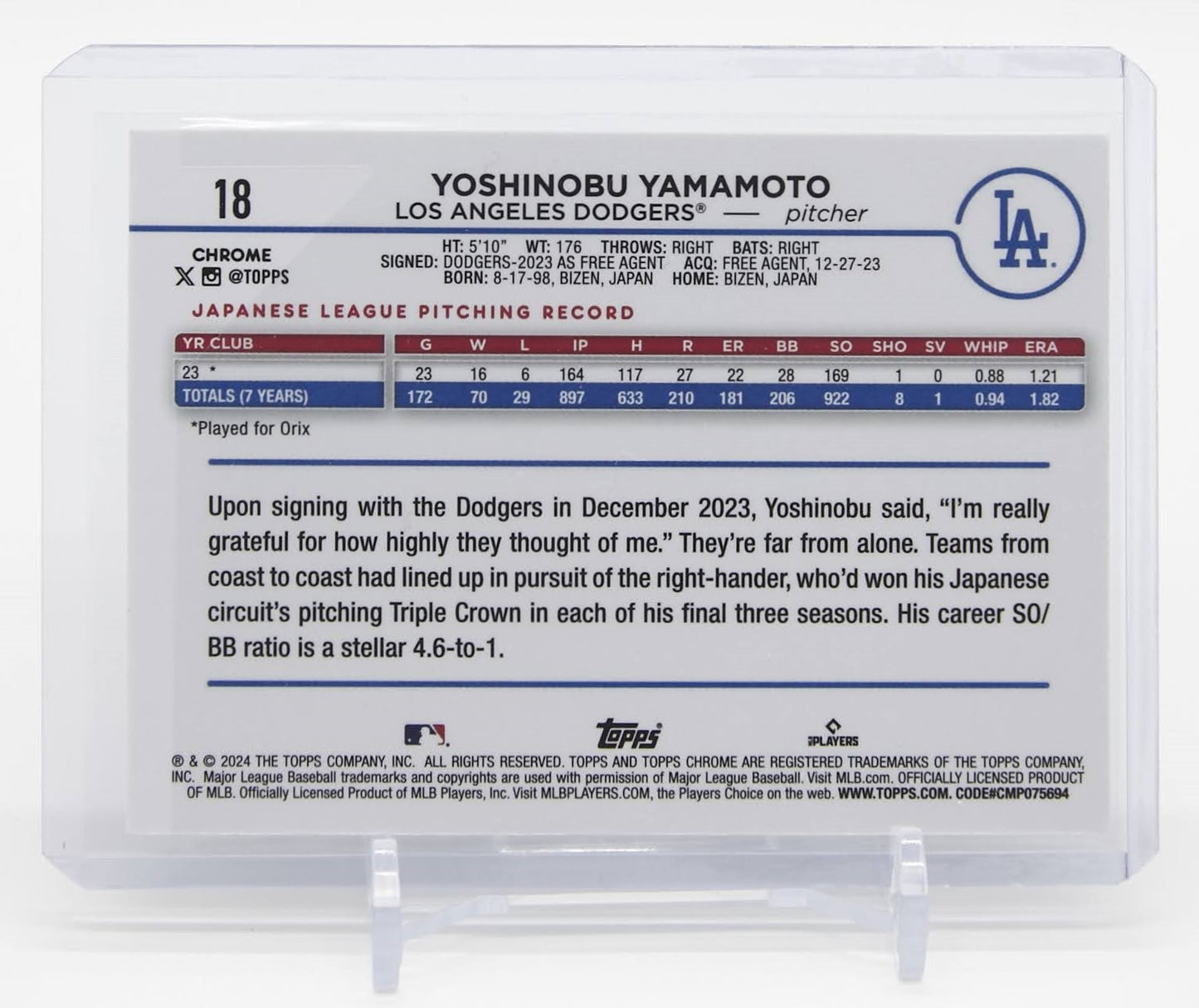 山本由伸 ルーキーカード 2024 Topps Chrome Prism Refractor #18 Yoshinobu Yamamoto RC