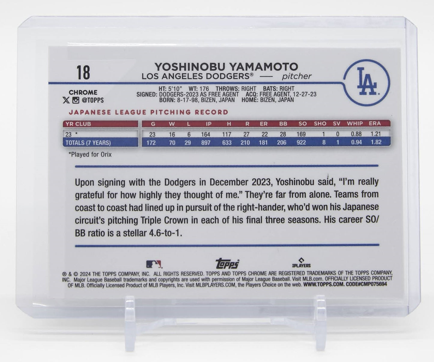山本由伸 ルーキーカード 2024 Topps Chrome RayWave Refractor #18 Yoshinobu Yamamoto RC