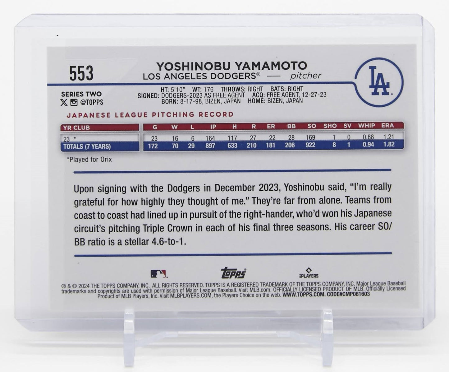 山本由伸 ルーキーカード「Summer Holiday Foil」パラレル 2024 Topps Series2 Summer Holiday Foil #553 Yoshinobu Yamamoto RC