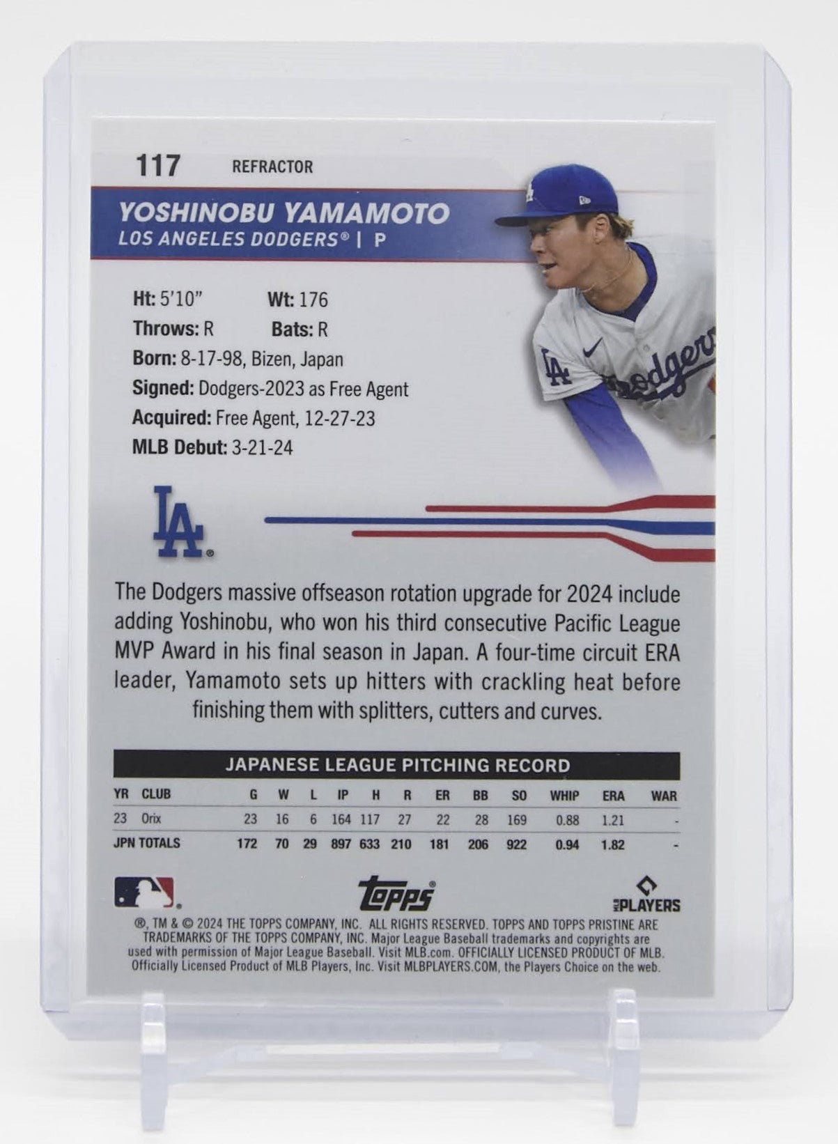 山本由伸 ルーキーカード リフラクター 2024 Topps Pristine Refractor #117 Yoshinobu Yamamoto RC