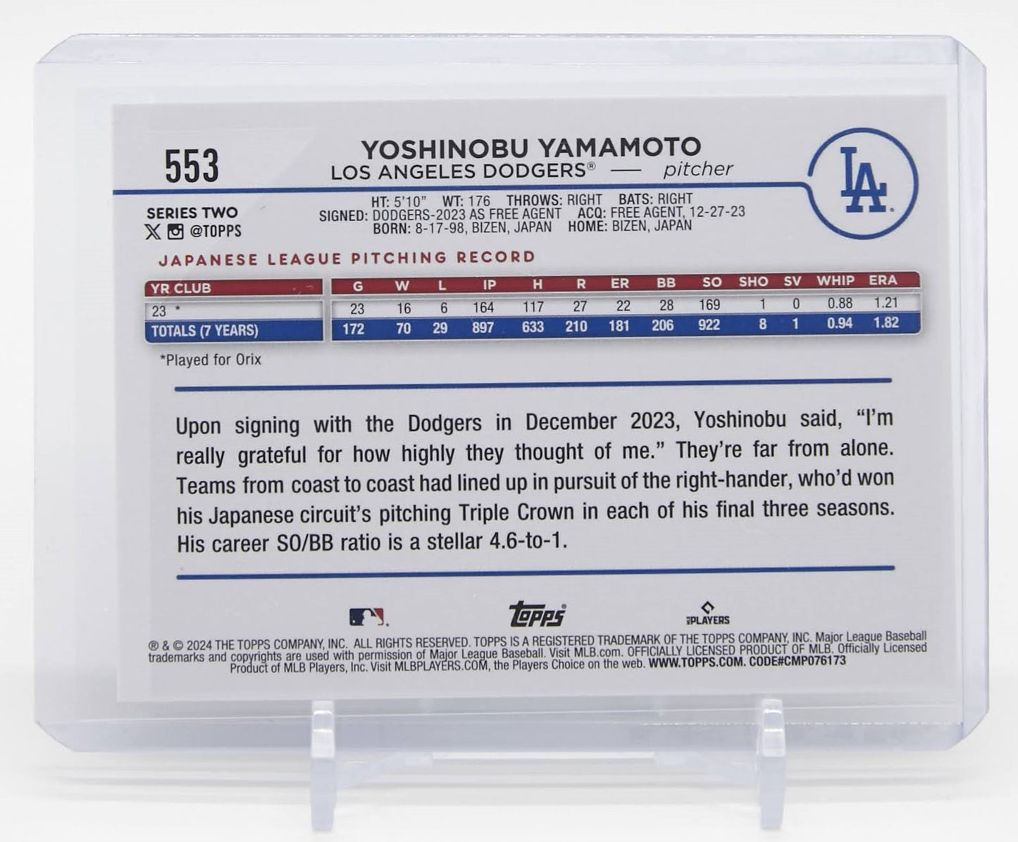 山本由伸 ルーキーカード 2024 Topps 582 Montgomery Club Card #552 Yoshinobu Yamamoto RC