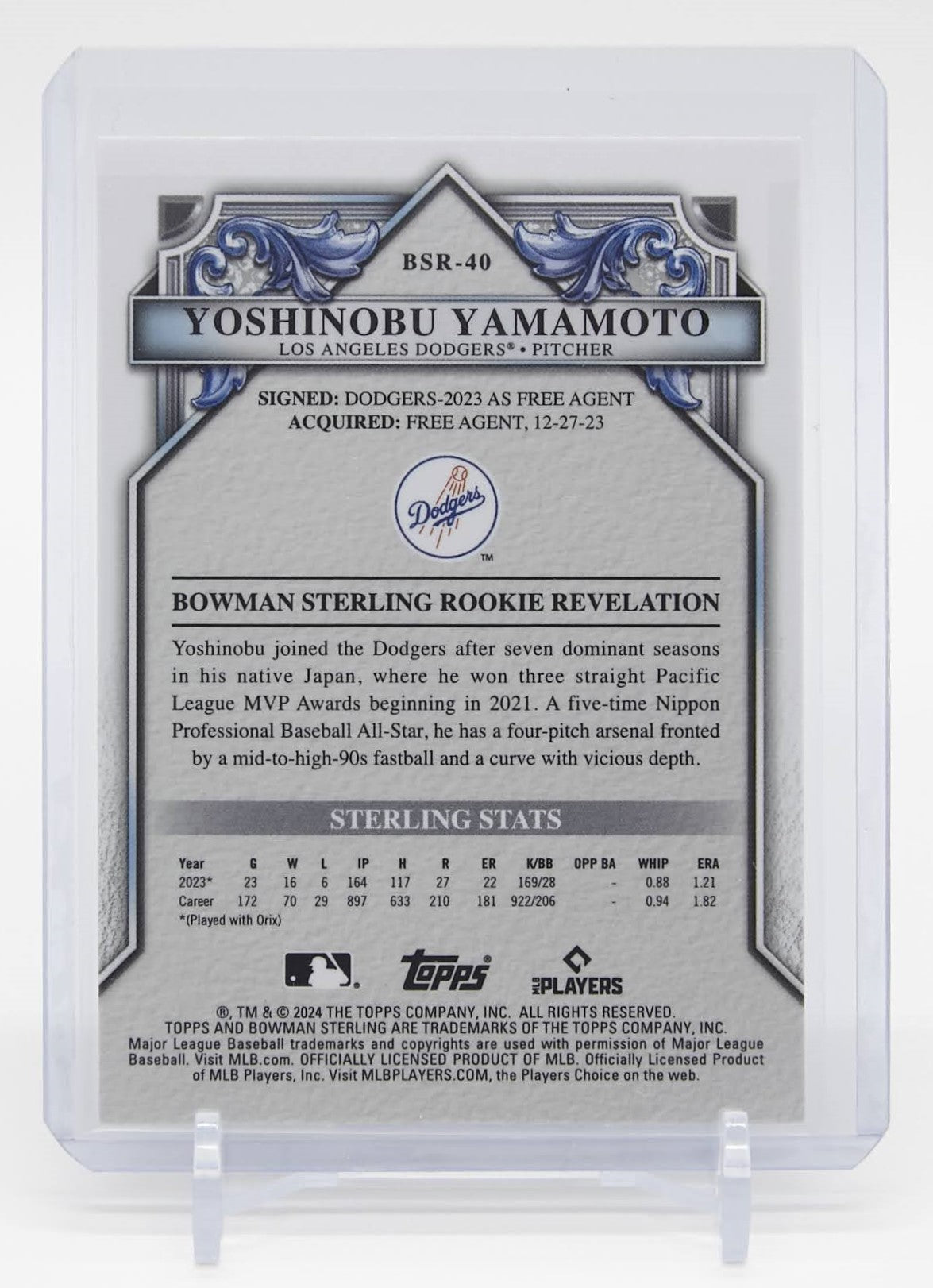 山本由伸 150枚限定 ルーキーカード ミニ・ダイヤモンド・リフラクター 2024 Bowman Sterling Rookies Mini-Diamond Refractor #BSR-40 Yoshinobu Yamamoto RC #'d/150