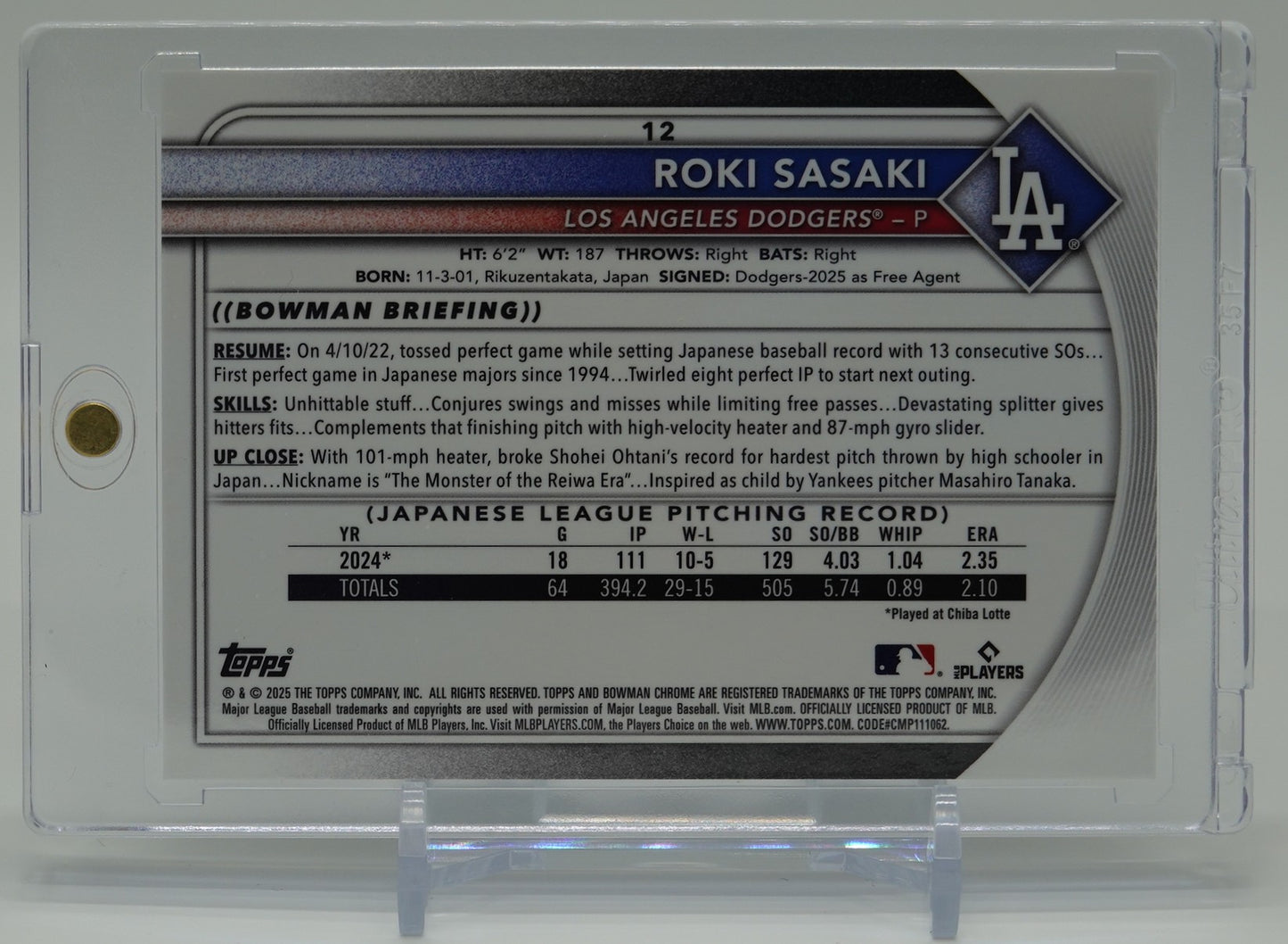 佐々木朗希 ルーキーカード Mega Box限定 スーパーショートプリント Mojoリフラクター Hitting Image Variationパラレル 2025 Bowman Chrome Mega Box Mojo Refractor SSP RC #12 Roki Sasaki