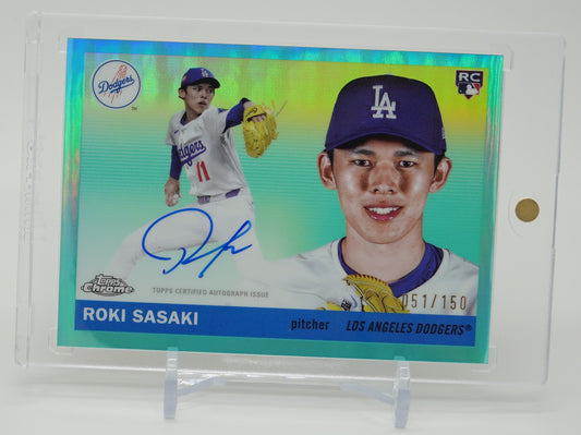 佐々木朗希 直書きサイン・オンカードオート 150枚限定 アクア・リフラクター ルーキーカード|2025 Topps Chrome Platinum Baseball Aqua Refractor #CPA-RS Roki Sasaki RC AUTO #'d/150