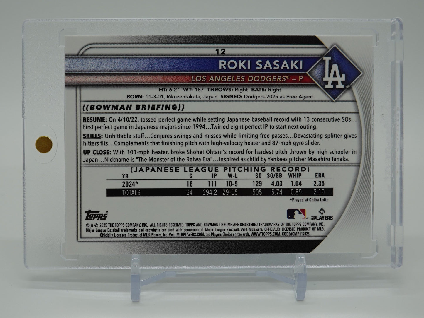 佐々木朗希 超定番・ルーキーカード 2025 Bowman Chrome #12 Roki Sasaki RC