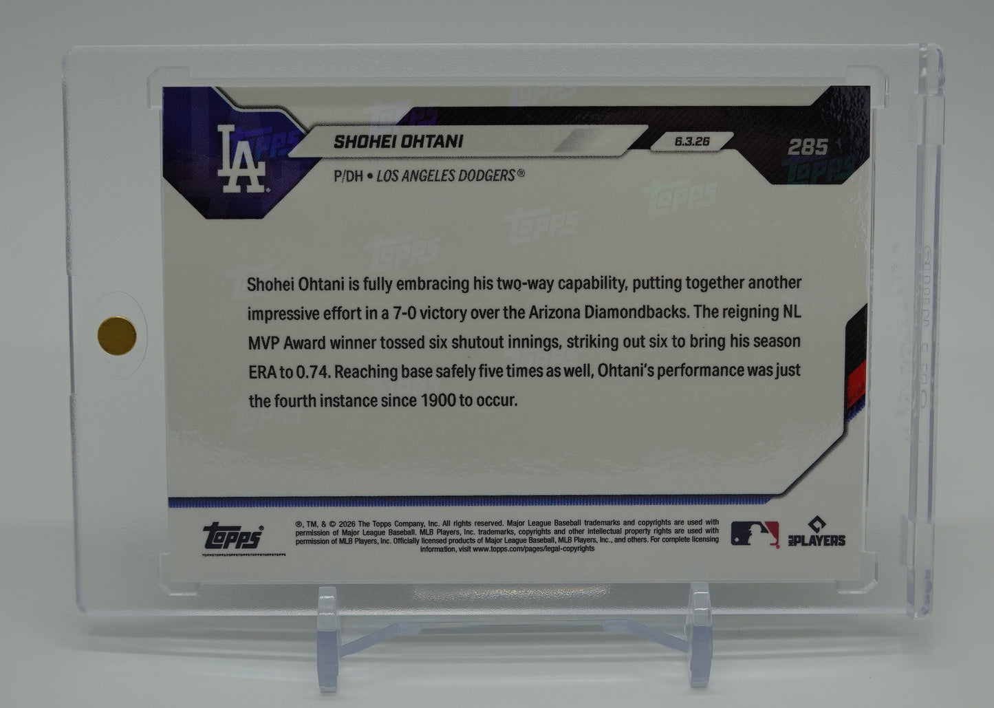 大谷翔平 二刀流躍動!6回無失点&5度出塁 歴史的快挙記念 2026 Topps NOW カード #285 Shutout Effort Includes Record On-Base Feat