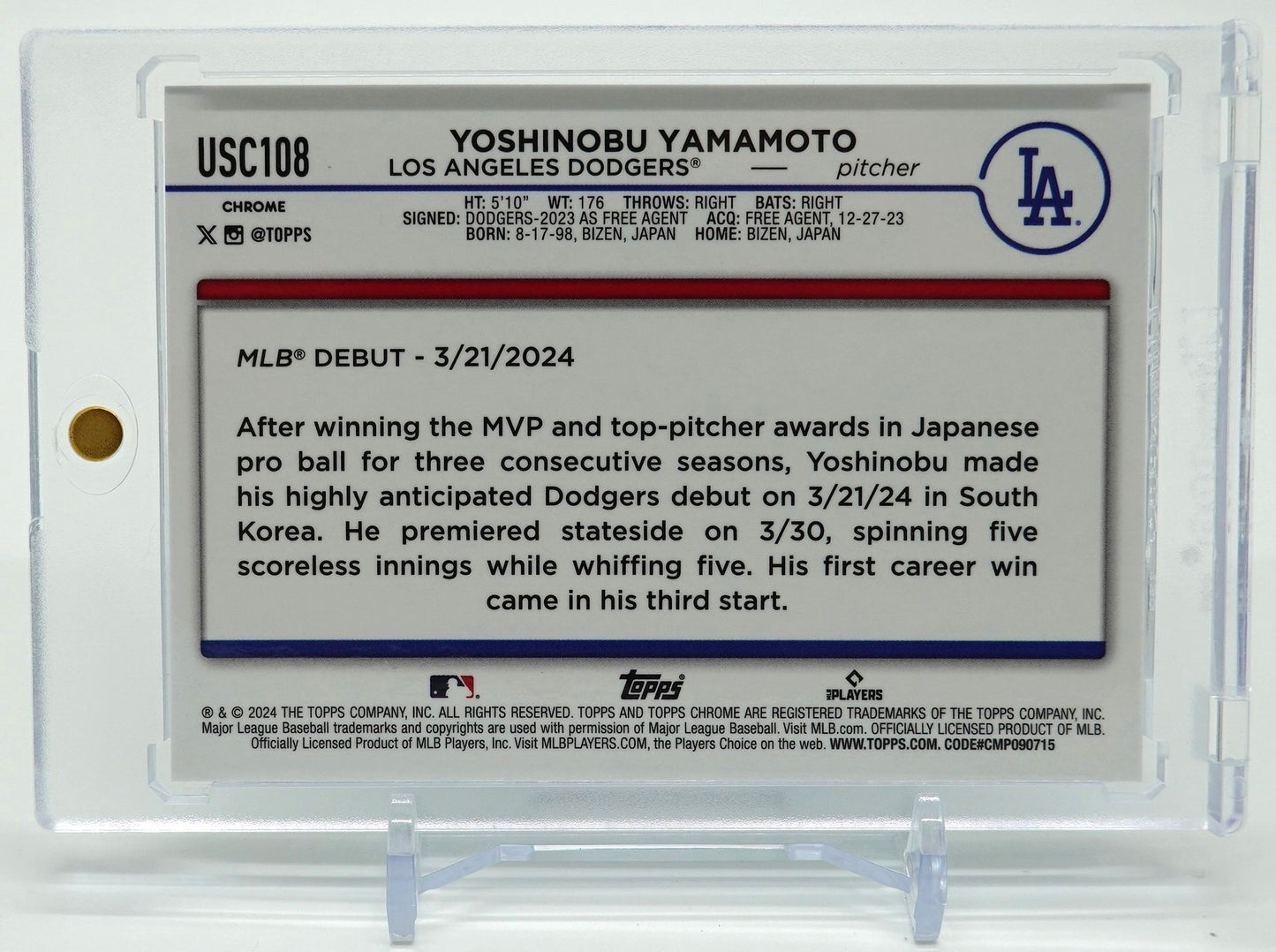 山本由伸 ルーキーカード 175枚限定アクア・ブルー・ラバランプ・リフラクター 2024 Topps Chrome Update Aqua/Blue Lava Lamp Refractor #USC108 Yoshinobu Yamamoto RC #'d/175