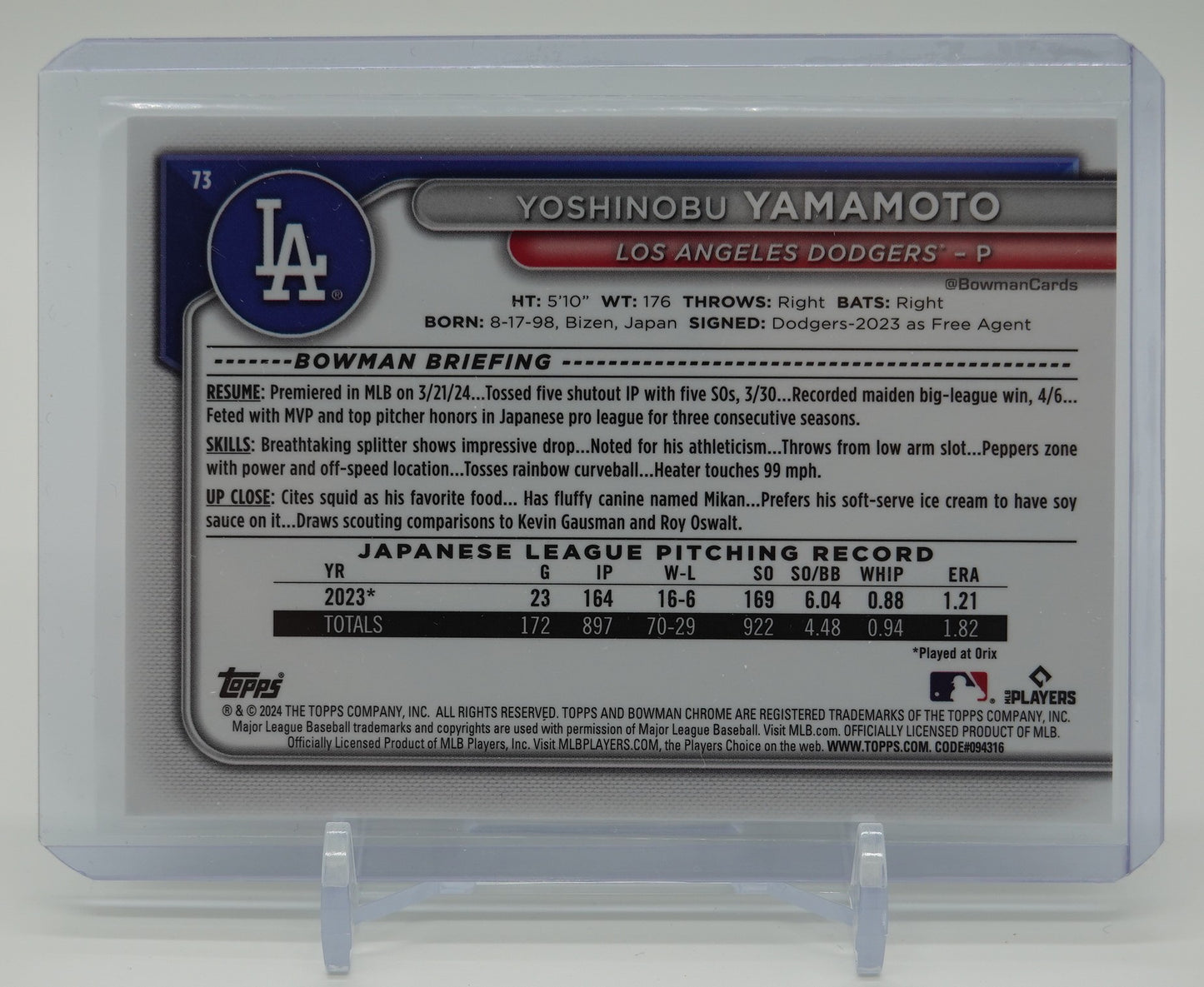 山本由伸 ルーキーカード Mojoリフラクター Image Variationパラレル 2024 Bowman Chrome Mojo Refractor Image Variation #73 Yoshinobu Yamamoto RC