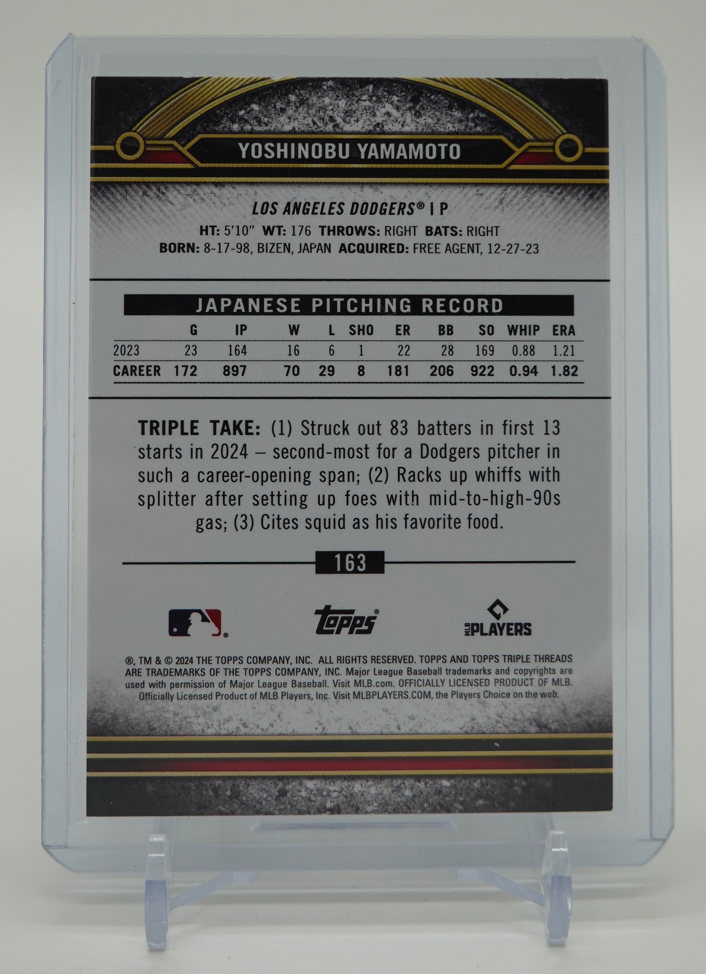 山本由伸 99枚限定 ゴールドパラレル ファーストナンバーシリアル #'d 01/99 2024 Topps Triple Threads Gold #163 Yoshinobu Yamamoto RC