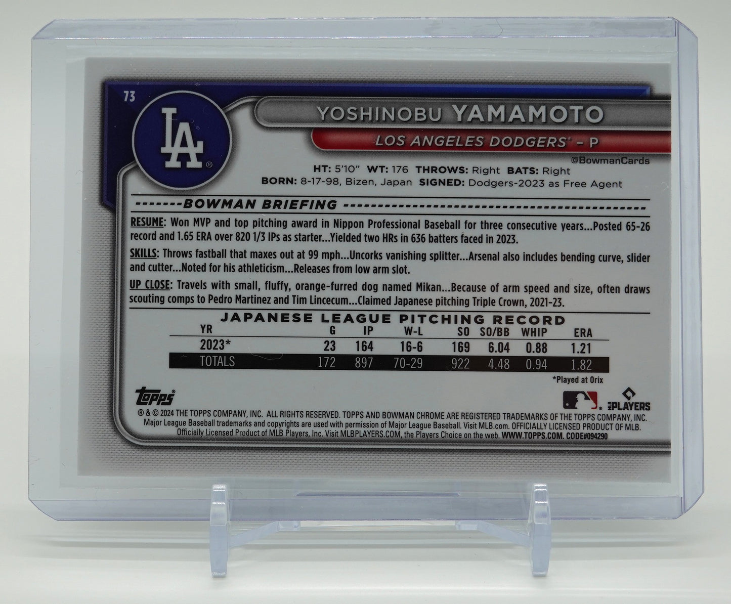 山本由伸 ルーキーカード Mojoリフラクター 2024 Bowman Chrome Mojo Refractor #73 Yoshinobu Yamamoto RC