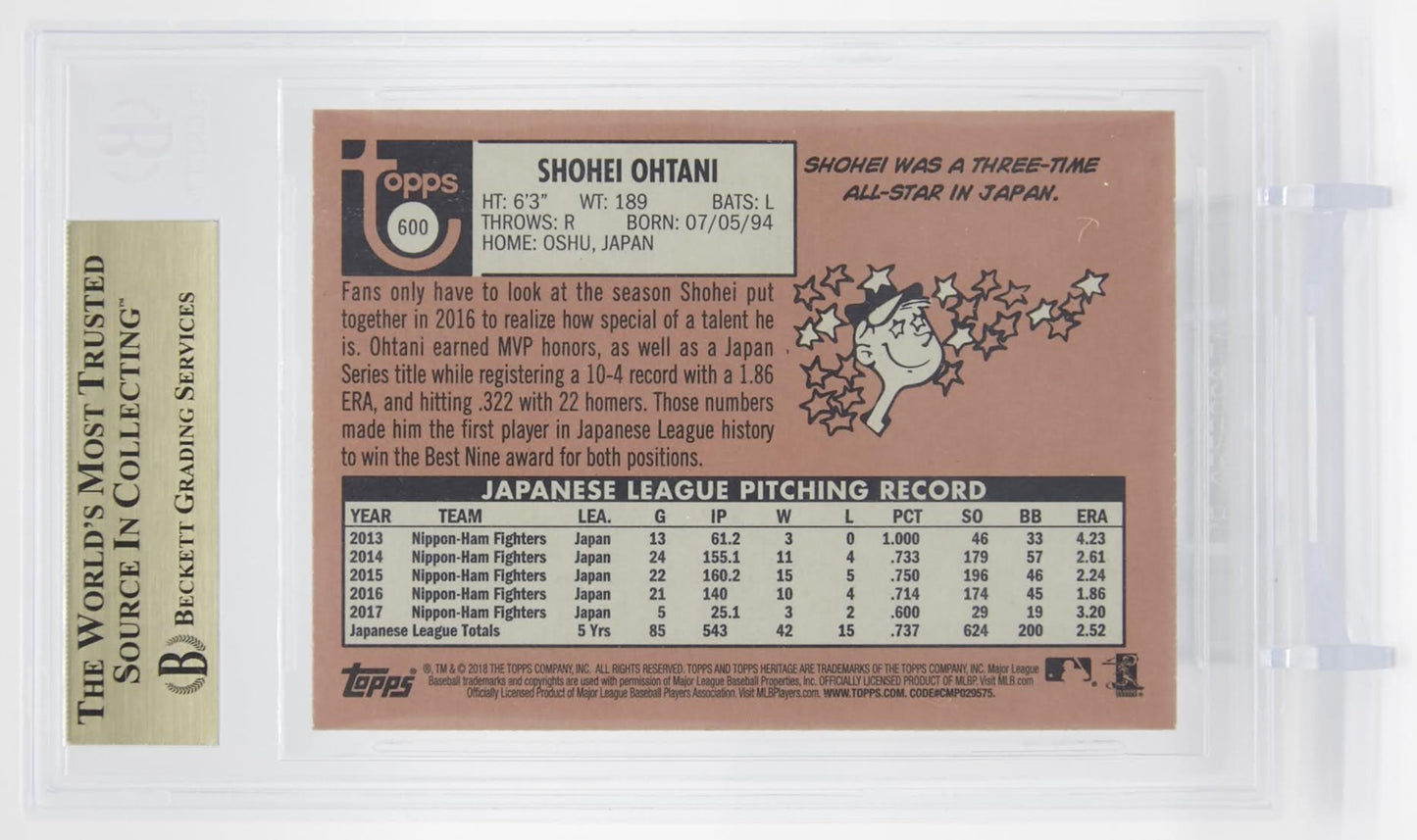 大谷翔平 ルーキーカード【BGS グレーディング済 9.5 GEM MINT】2018 Topps Heritage High Number #600 Shohei Ohtani RC