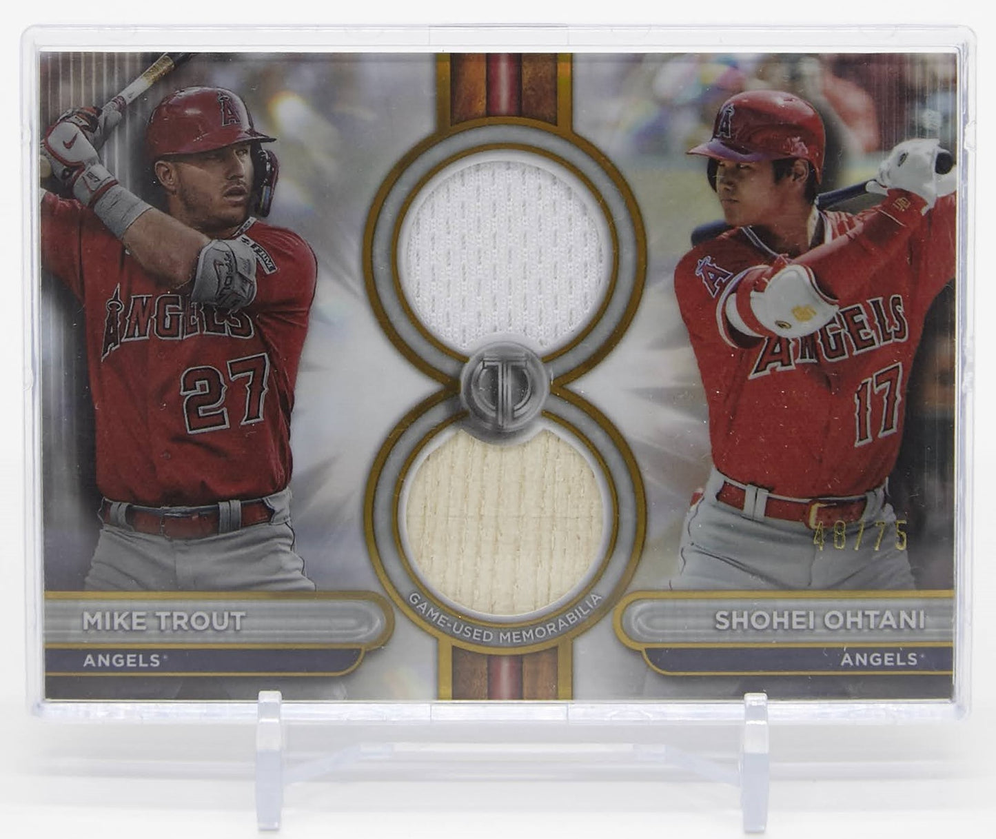 大谷翔平 マイク・トラウト デュアルレリックカード 75枚限定ゴールドパラレル 2024 Topps Tribute Dual Relic Gold #DR2-TO Mike Trout / Shohei Ohtani #'d/75