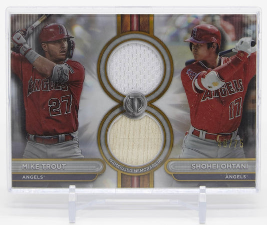 大谷翔平 マイク・トラウト デュアルレリックカード 75枚限定ゴールドパラレル 2024 Topps Tribute Dual Relic Gold #DR2-TO Mike Trout / Shohei Ohtani #'d/75