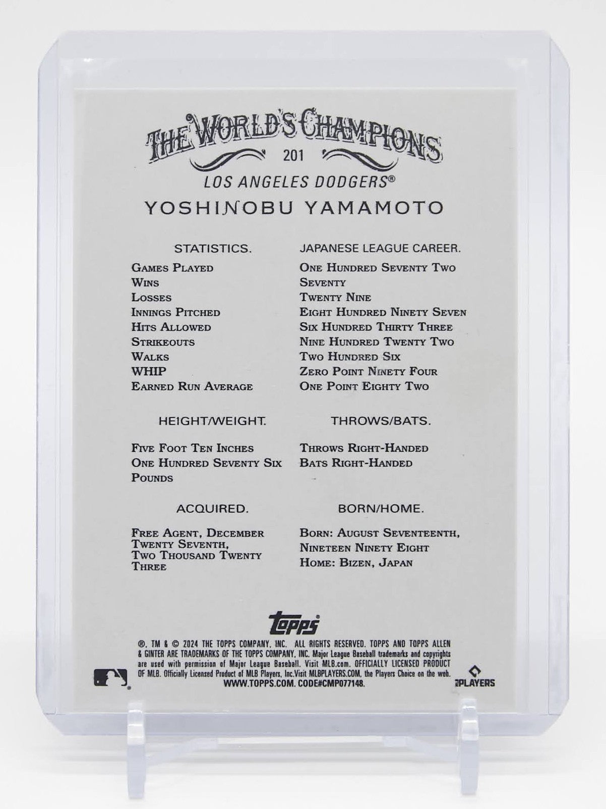 山本由伸 ルーキーカード Silver Portrait パラレル 2024 Topps Allen and Ginter Hot Box Silver Portrait Parallel SP #201 Yoshinobu Yamamoto RC