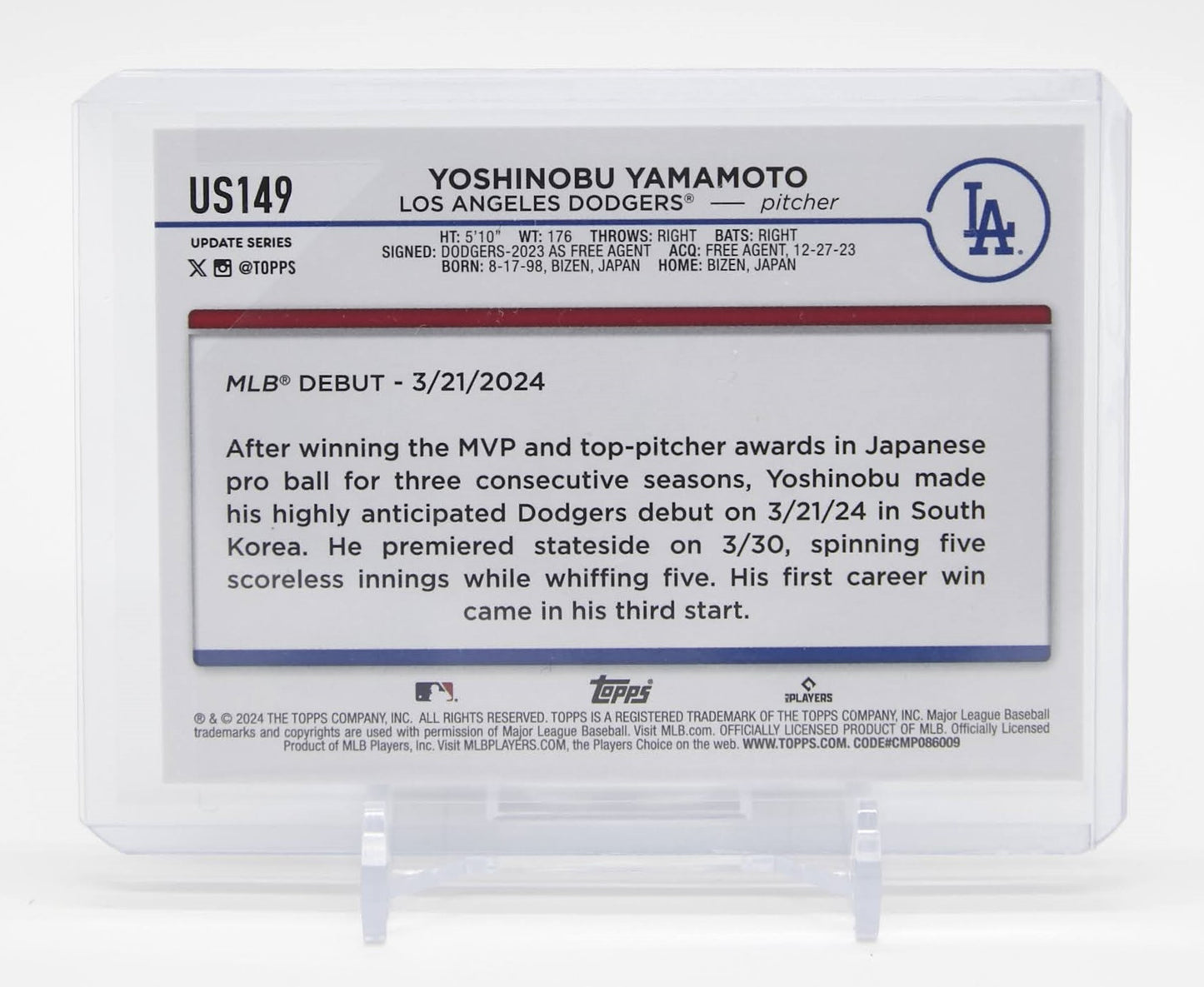 山本由伸 ルーキーカード 2024 Topps Update #US149 Yoshinobu Yamamoto RC