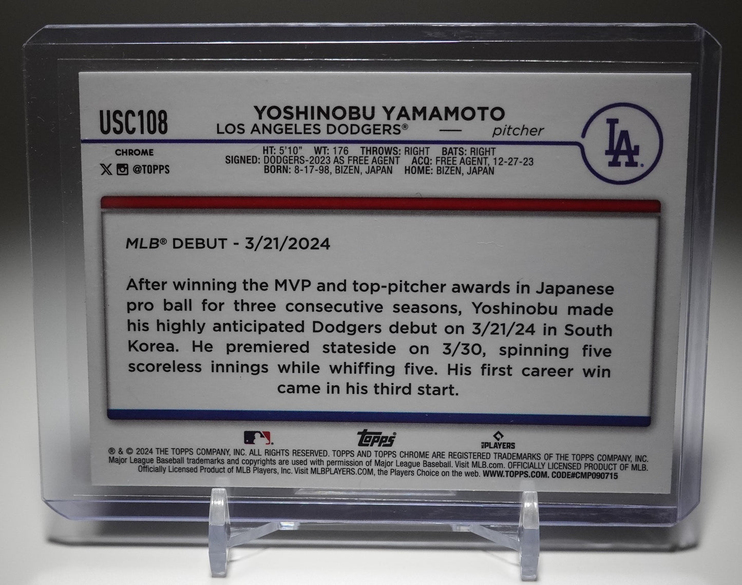 山本由伸 ルーキーカード 250枚限定 パープル・リフラクター 2024 Topps Chrome Update Purple Refractor #USC108 Yoshinobu Yamamoto RC #'d/250
