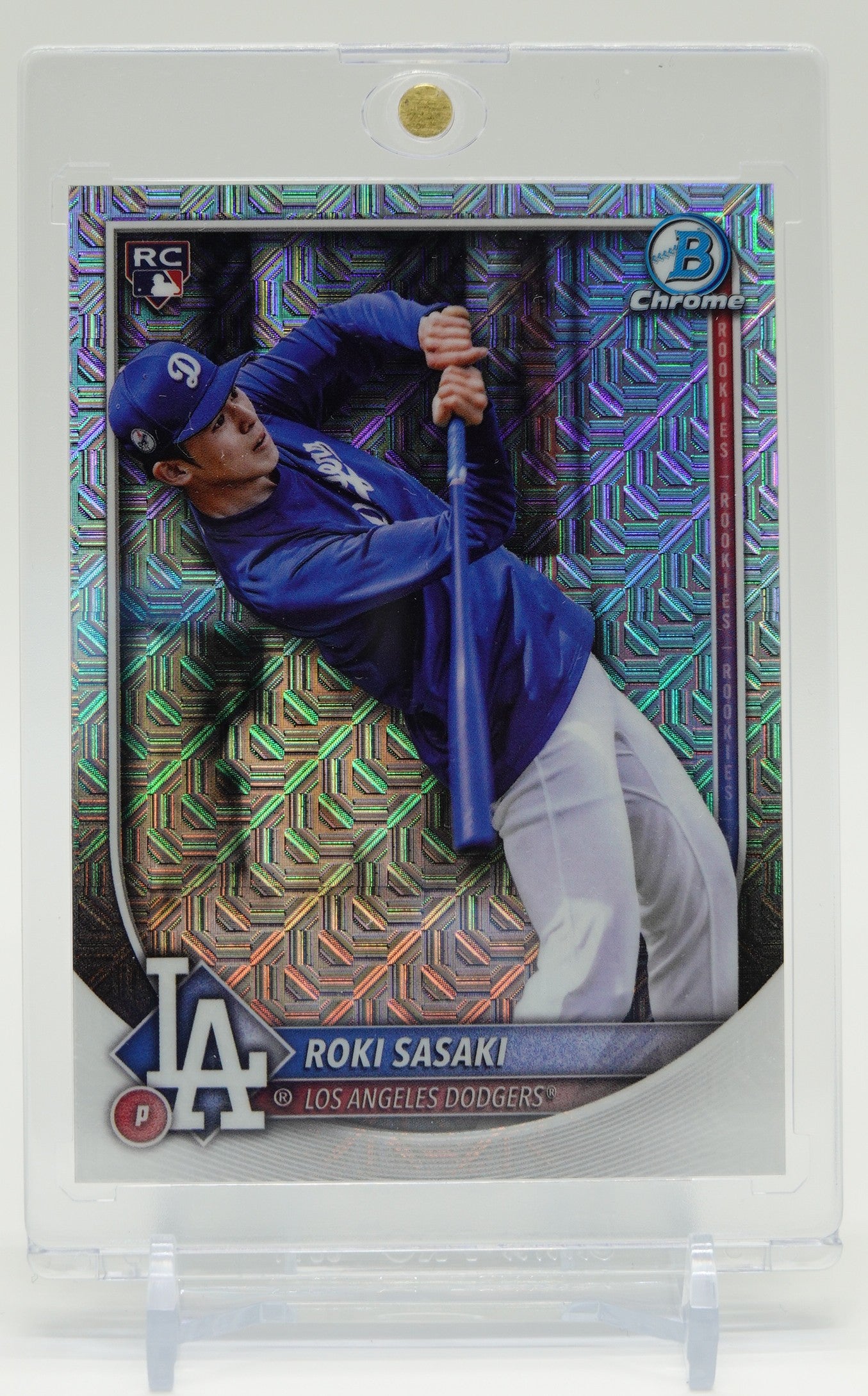 佐々木朗希 ルーキーカード Mega Box限定 スーパーショートプリント Mojoリフラクター Hitting Image Variationパラレル 2025 Bowman Chrome Mega Box Mojo Refractor SSP RC #12 Roki Sasaki