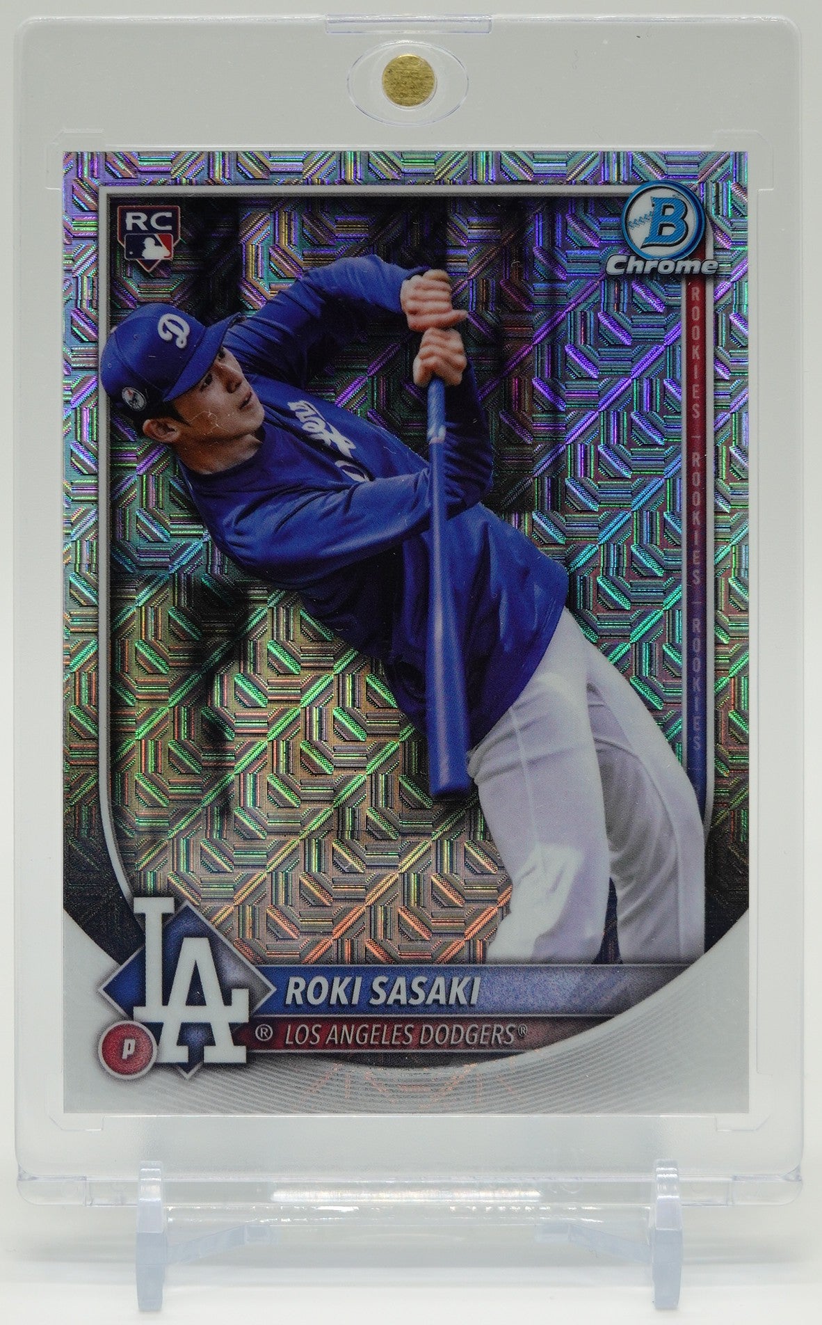 佐々木朗希 ルーキーカード Mega Box限定 スーパーショートプリント Mojoリフラクター Hitting Image Variationパラレル 2025 Bowman Chrome Mega Box Mojo Refractor SSP RC #12 Roki Sasaki