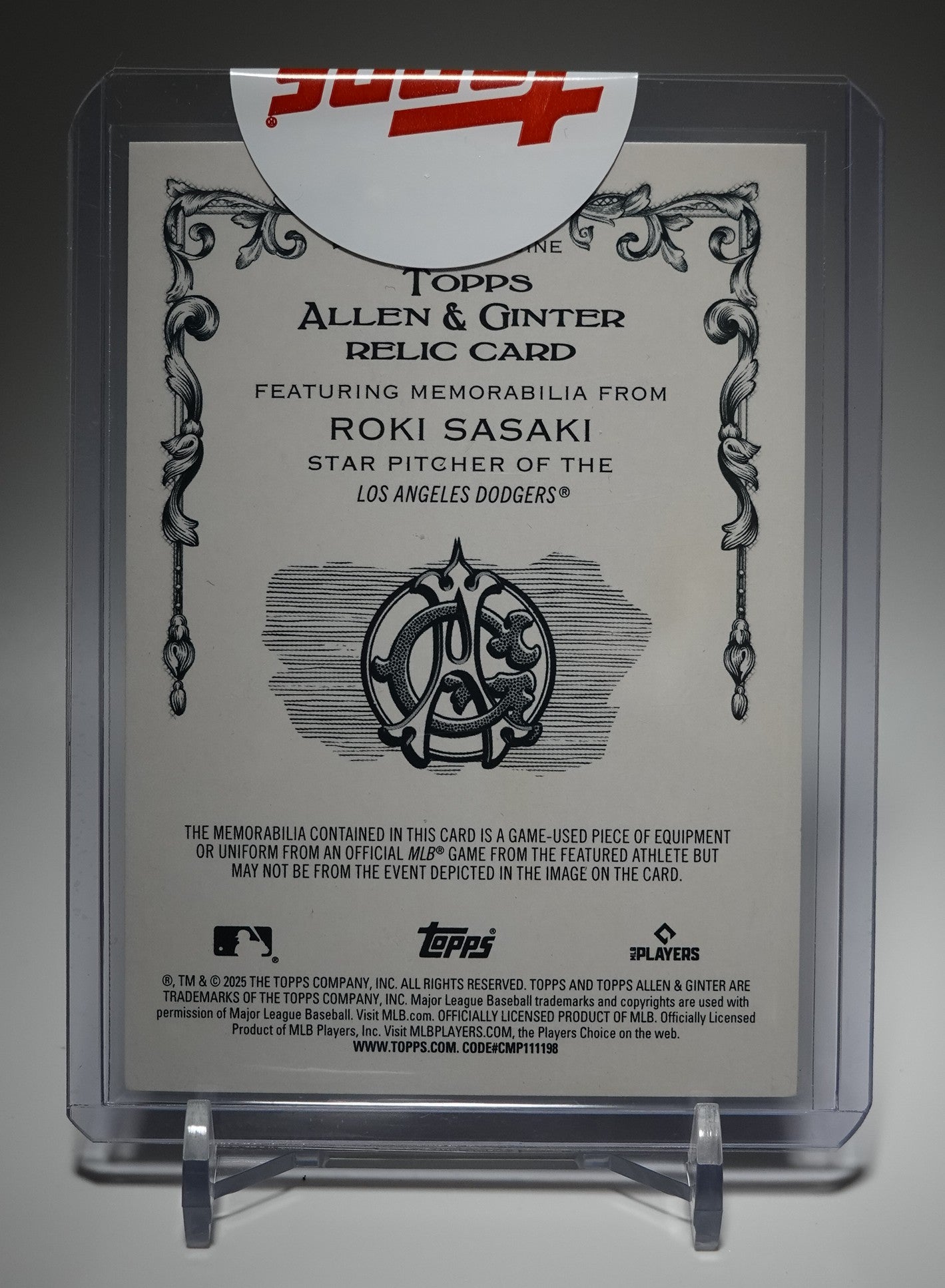 【未開封シール付き/Factory Sealed】佐々木朗希 50枚限定 Gold Foil フィリグリーパラレル レリック・ルーキーカード 2025 Topps Allen & Ginter Gold Foil Filagree #AGR-RSA Roki Sasaki RC
