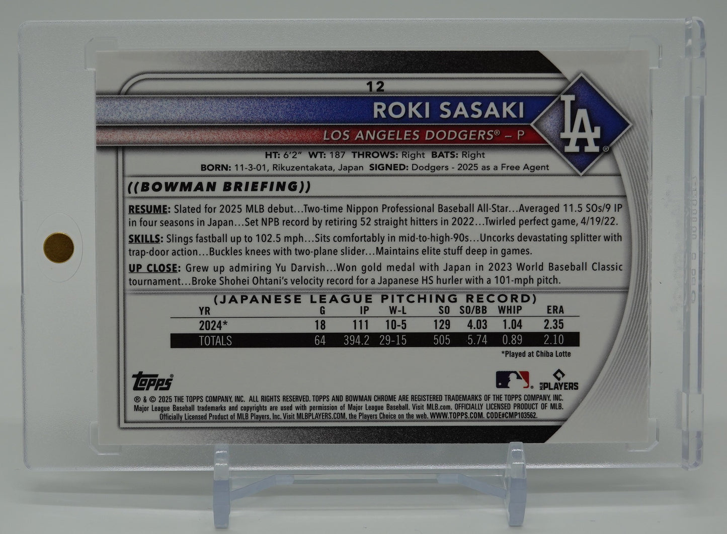 佐々木朗希 ルーキーカード Mega Box限定 Mojoリフラクター 2025 Bowman Chrome Mega Box Mojo Refractor #12 Roki Sasaki RC