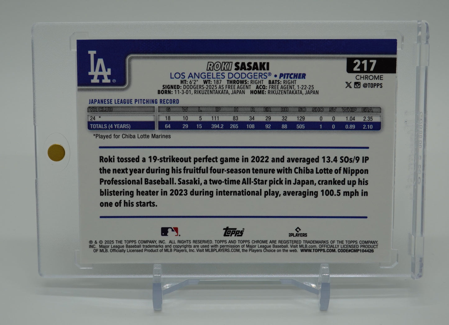 佐々木朗希 超定番・ルーキーカード 2025 Topps Chrome #217 Roki Sasaki RC