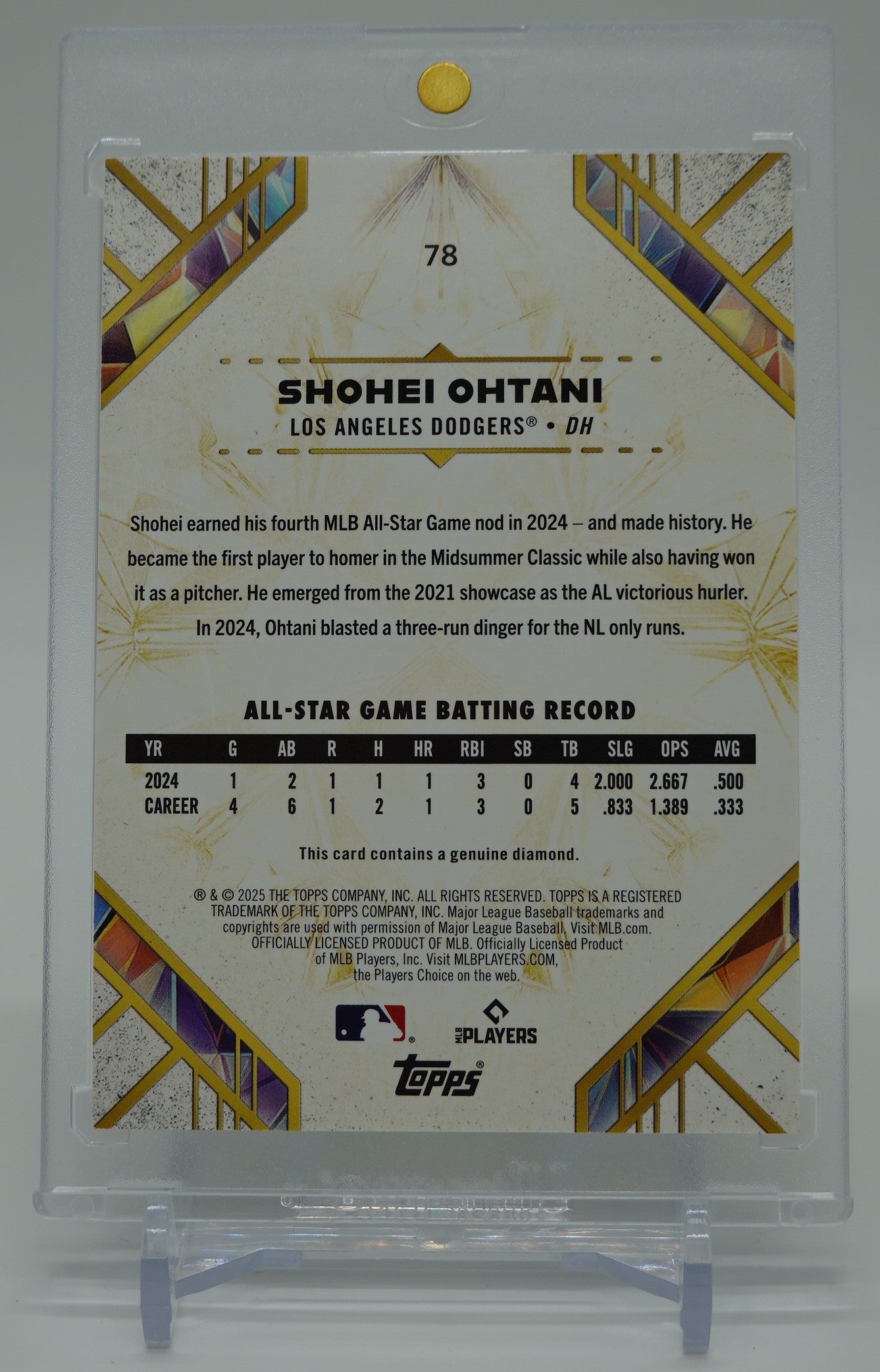大谷翔平 本物ダイヤモンド入りカード 15枚限定 ラストナンバーシリアル 2025 Topps Diamond Icons Genuine Diamond Card #78 Shohei Ohtani #'d 15/15