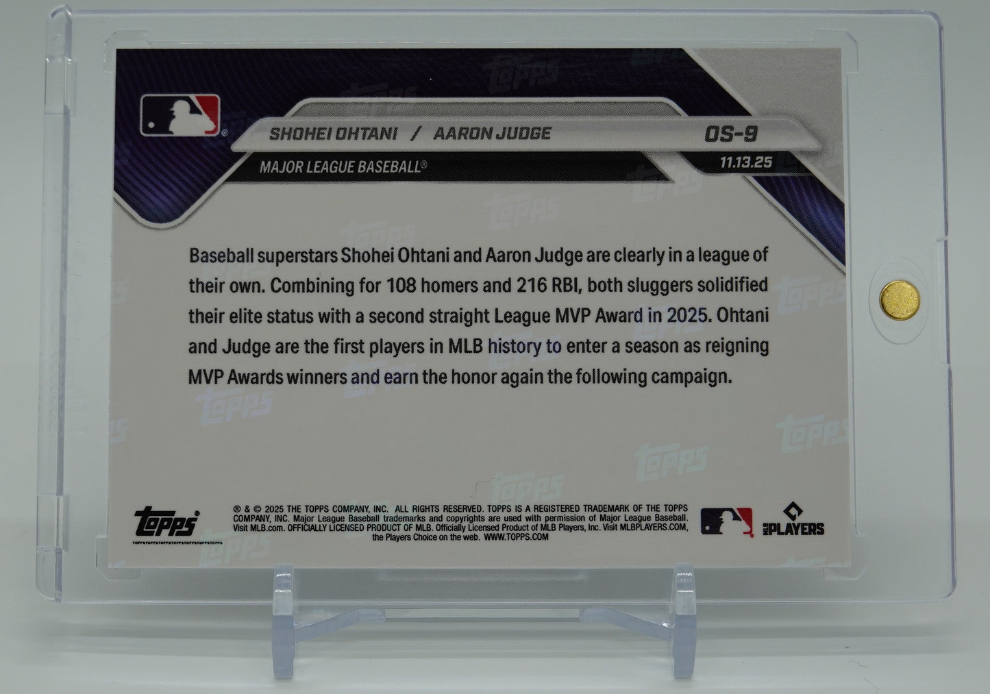 大谷翔平 / アーロン・ジャッジ 史上初、両者が 2年連続リーグMVP受賞！ 2025 MLB Topps Now カード #OS-9 Shohei Ohtani / Aaron Judge