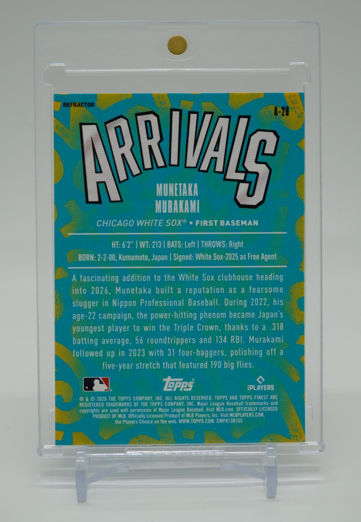 ホワイトソックス・村上宗隆 ルーキーカード リフラクターパラレル 2026 Topps Finest Arrivals Refractor #A-26 Munetaka Murakami RC