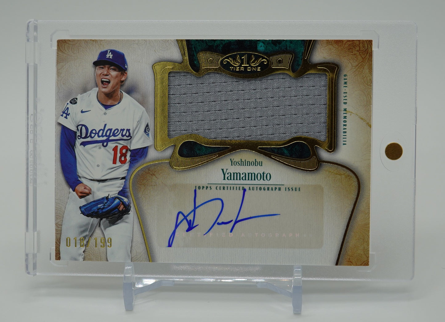 山本由伸 直筆サイン＆ジャンボレリックカード ジャージナンバーシリアル！ 2026 Topps Tier One Baseball Autographed Tier One Jumbo Relic Card #AT1JR-YY Yoshinobu Yamamoto Dodgers AUTO #'d 018/199