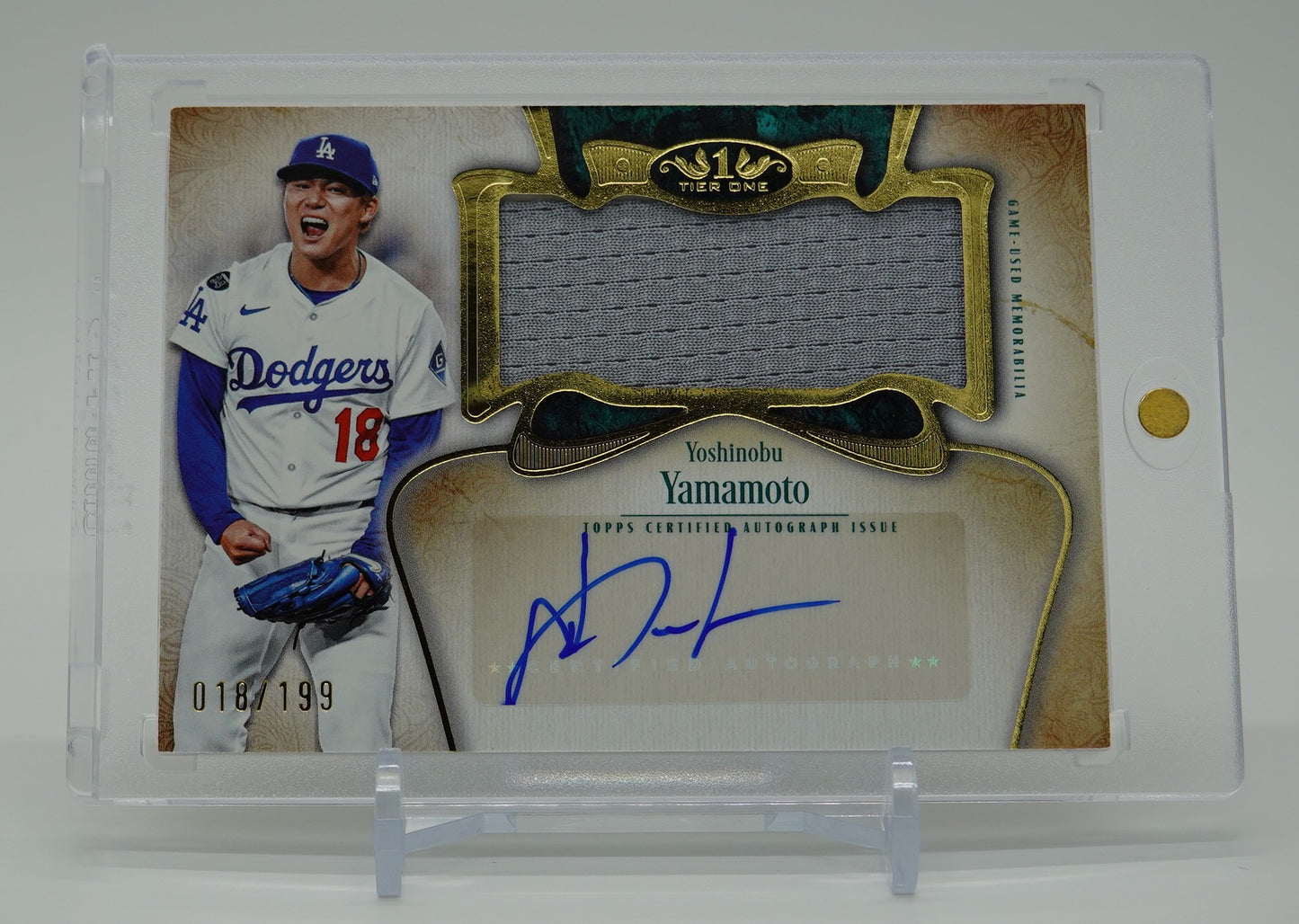山本由伸 直筆サイン＆ジャンボレリックカード ジャージナンバーシリアル！ 2026 Topps Tier One Baseball Autographed Tier One Jumbo Relic Card #AT1JR-YY Yoshinobu Yamamoto Dodgers AUTO #'d 018/199