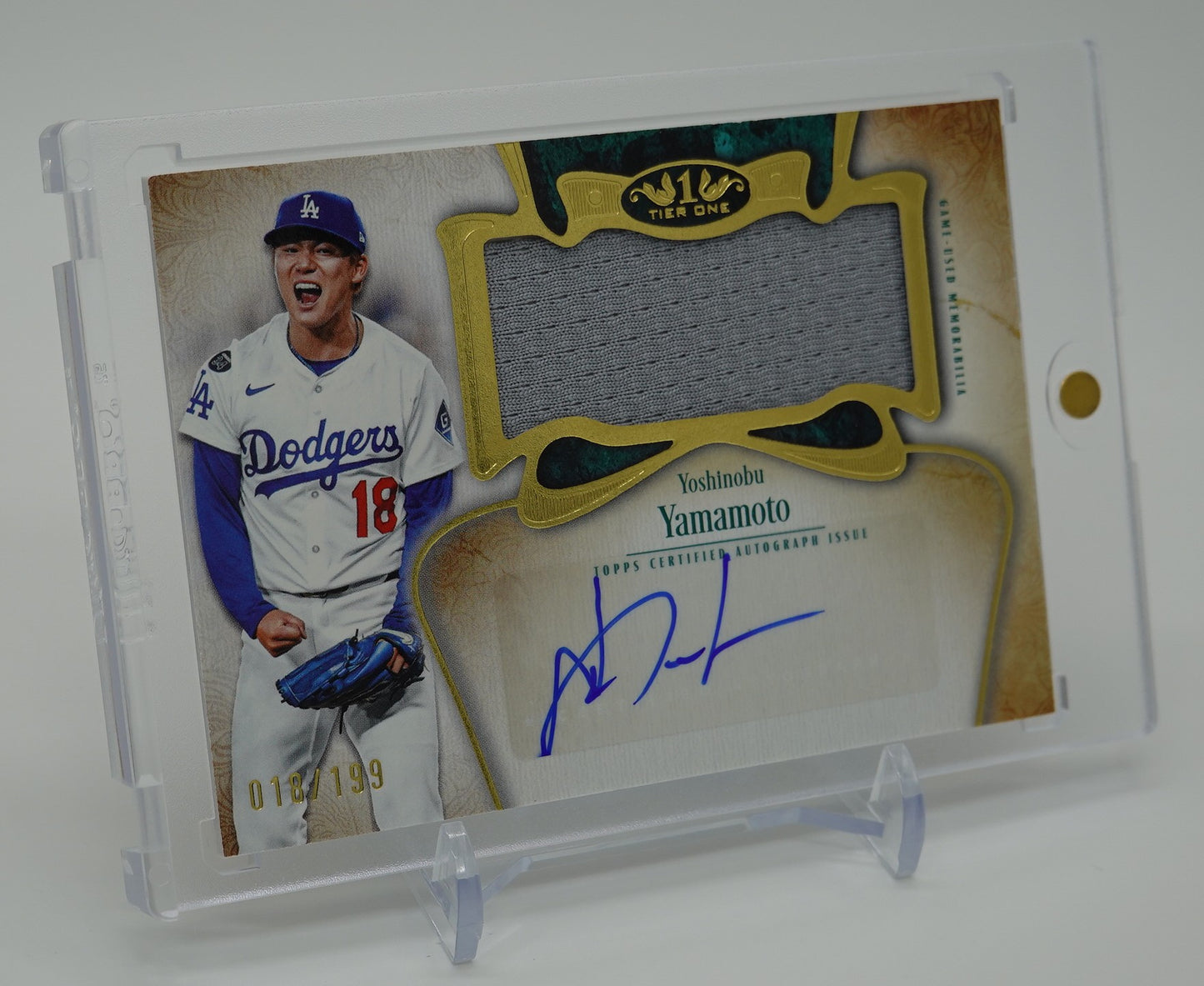 山本由伸 直筆サイン＆ジャンボレリックカード ジャージナンバーシリアル！ 2026 Topps Tier One Baseball Autographed Tier One Jumbo Relic Card #AT1JR-YY Yoshinobu Yamamoto Dodgers AUTO #'d 018/199