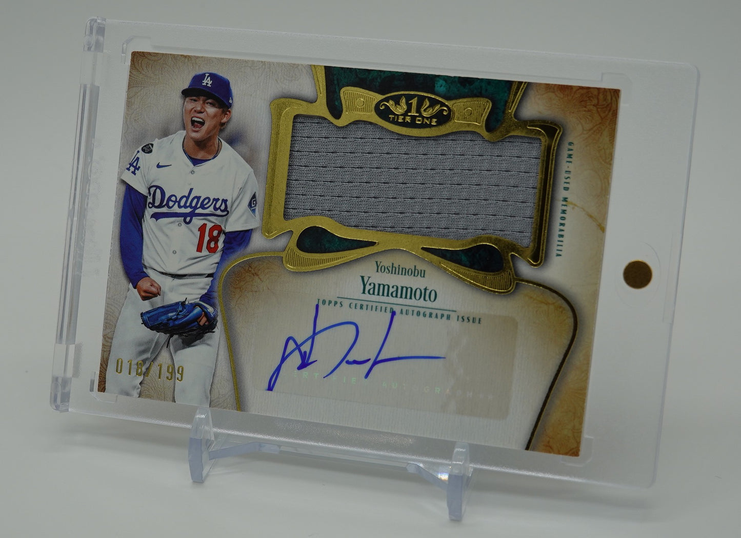 山本由伸 直筆サイン＆ジャンボレリックカード ジャージナンバーシリアル！ 2026 Topps Tier One Baseball Autographed Tier One Jumbo Relic Card #AT1JR-YY Yoshinobu Yamamoto Dodgers AUTO #'d 018/199