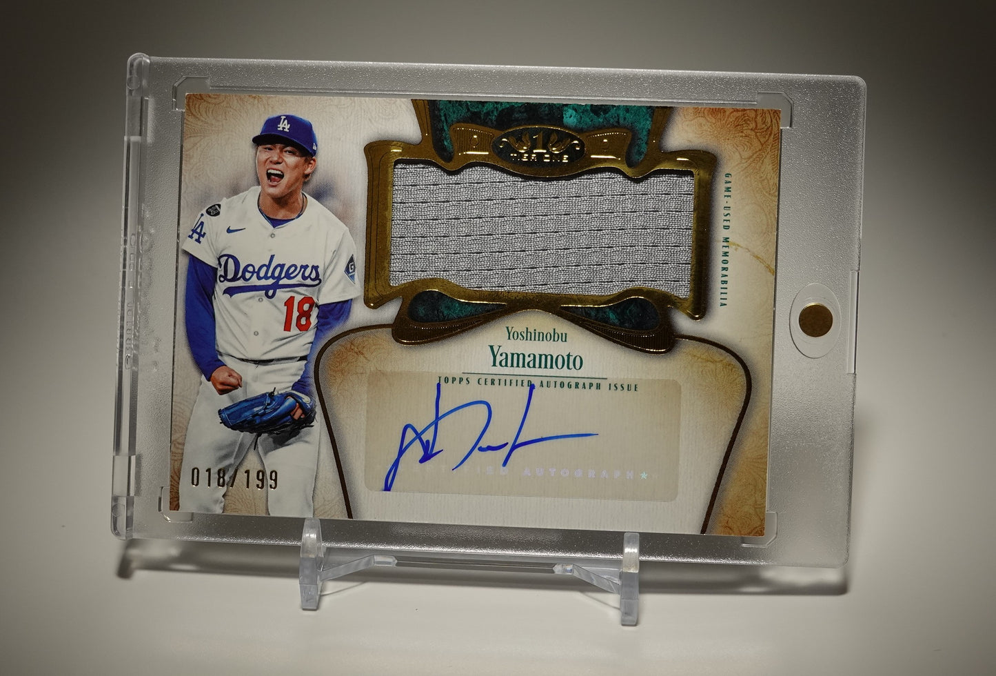 山本由伸 直筆サイン＆ジャンボレリックカード ジャージナンバーシリアル！ 2026 Topps Tier One Baseball Autographed Tier One Jumbo Relic Card #AT1JR-YY Yoshinobu Yamamoto Dodgers AUTO #'d 018/199