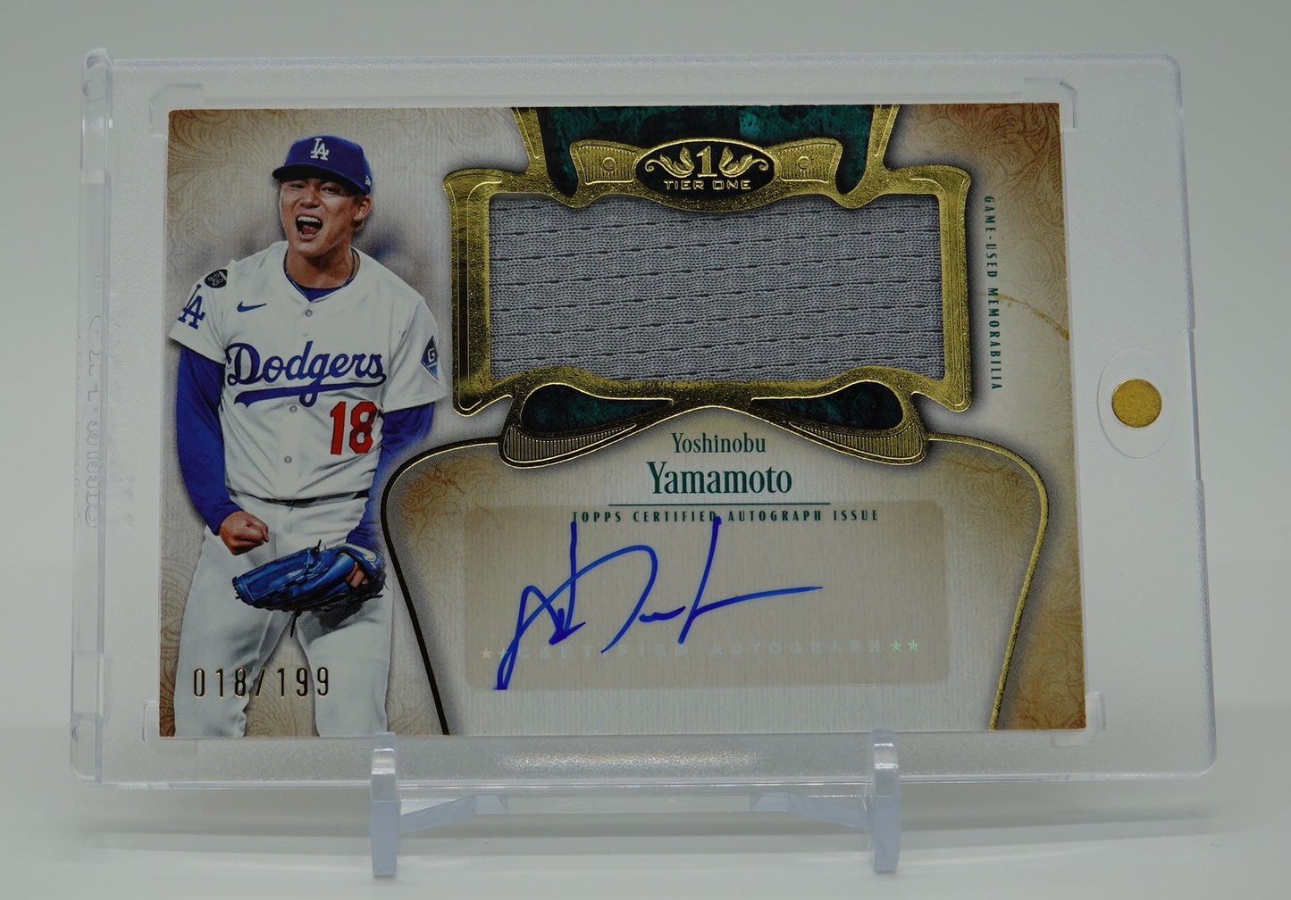 山本由伸 直筆サイン＆ジャンボレリックカード ジャージナンバーシリアル！ 2026 Topps Tier One Baseball Autographed Tier One Jumbo Relic Card #AT1JR-YY Yoshinobu Yamamoto Dodgers AUTO #'d 018/199