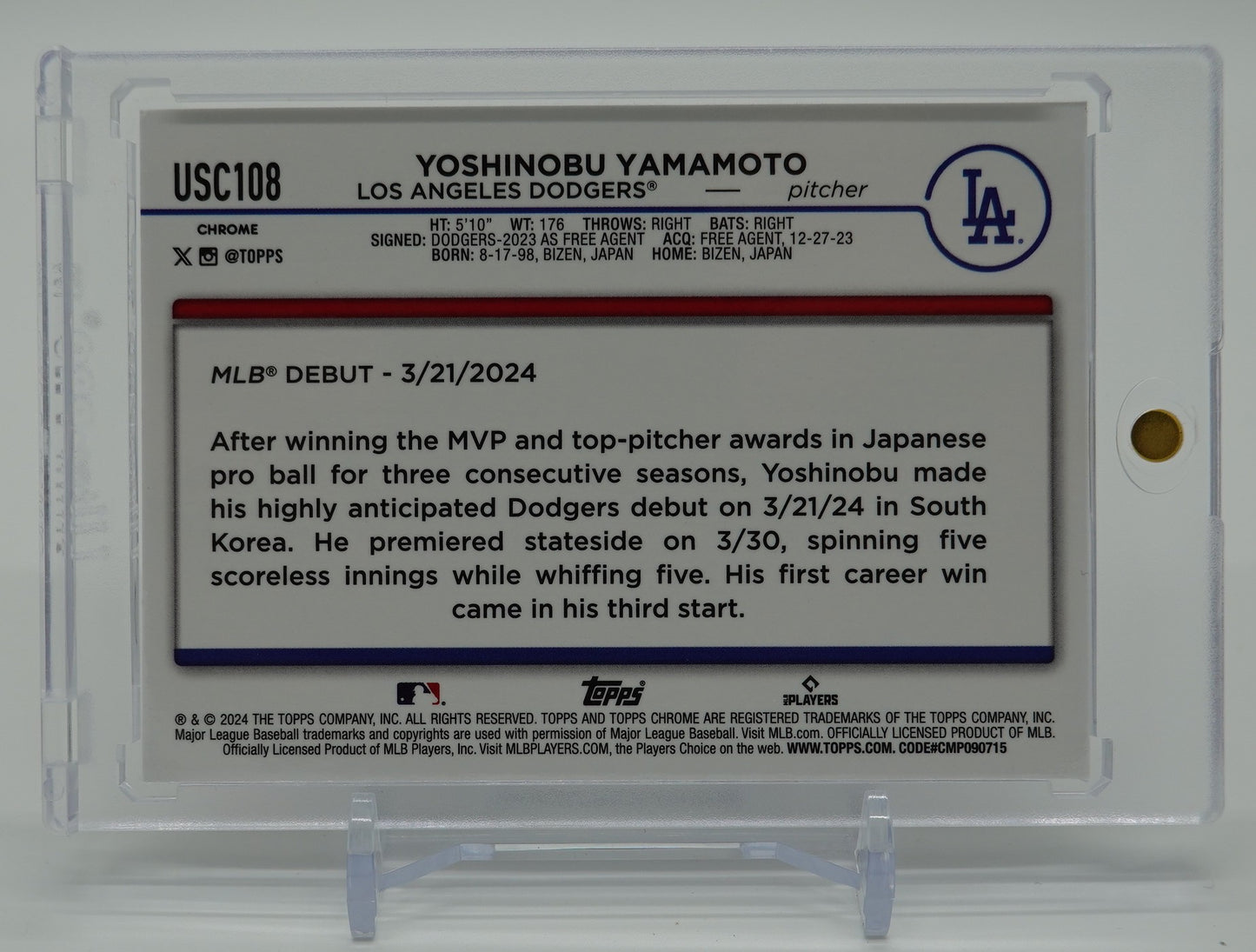 山本由伸 ルーキーカード 299枚限定マゼンタ/パープル ラバランプ・リフラクター 2024 Topps Chrome Update Magenta/Purple Lava Lamp Refractor #USC108 Yoshinobu Yamamoto RC #'d/299