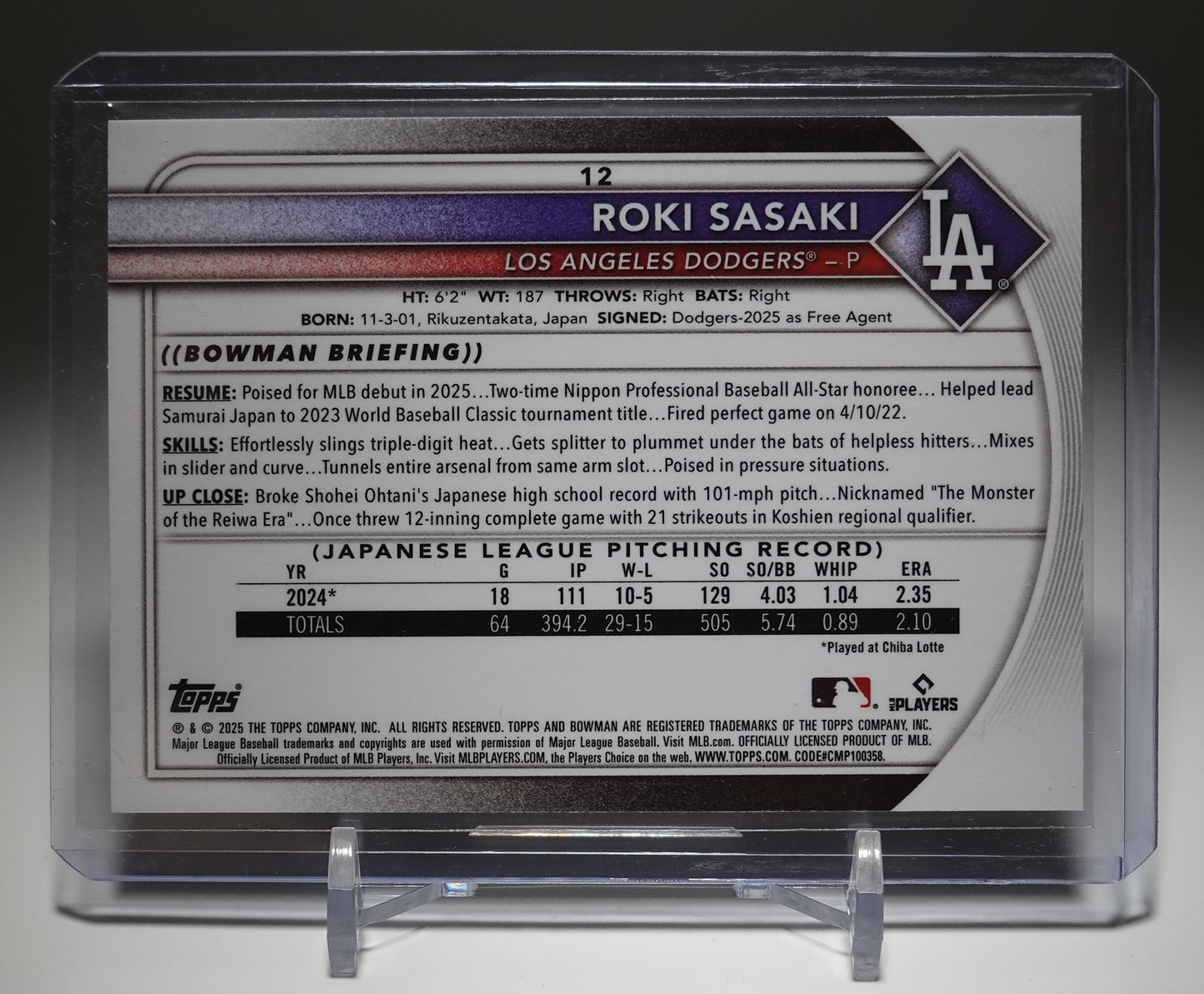 佐々木朗希 リフラクター版 レッドルーキーカード 2025 Bowman Chrome Refractor Red Rookie Card #12 RC