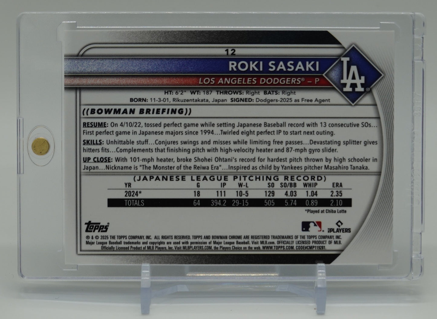佐々木朗希 Red Logo Variation ルーキーカード リフラクター 2025 Bowman Chrome Refractor Red Logo RC #12 Roki Sasaki