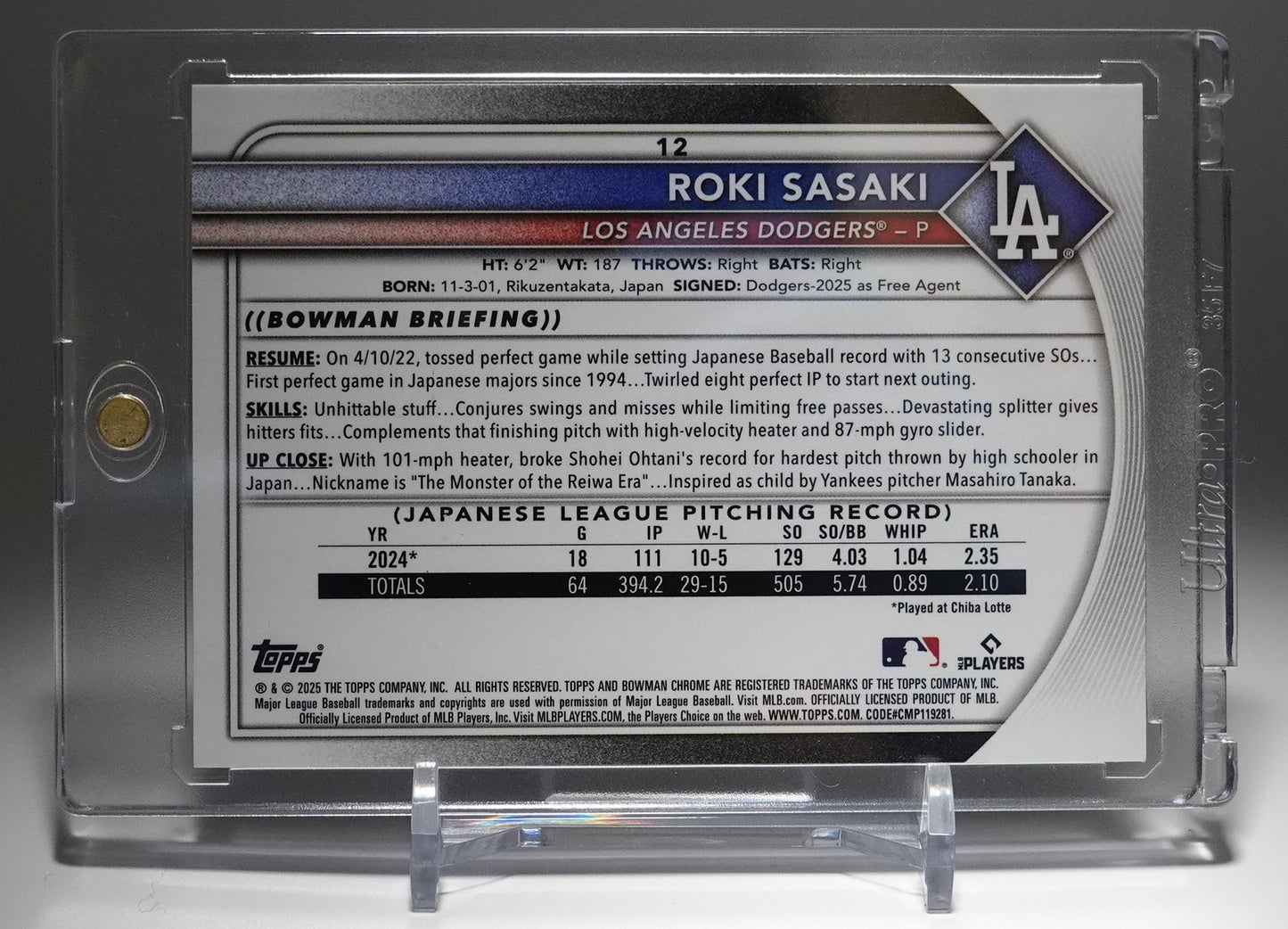 佐々木朗希 Red Logo Variation ルーキーカード リフラクター 2025 Bowman Chrome Refractor Red Logo RC #12 Roki Sasaki