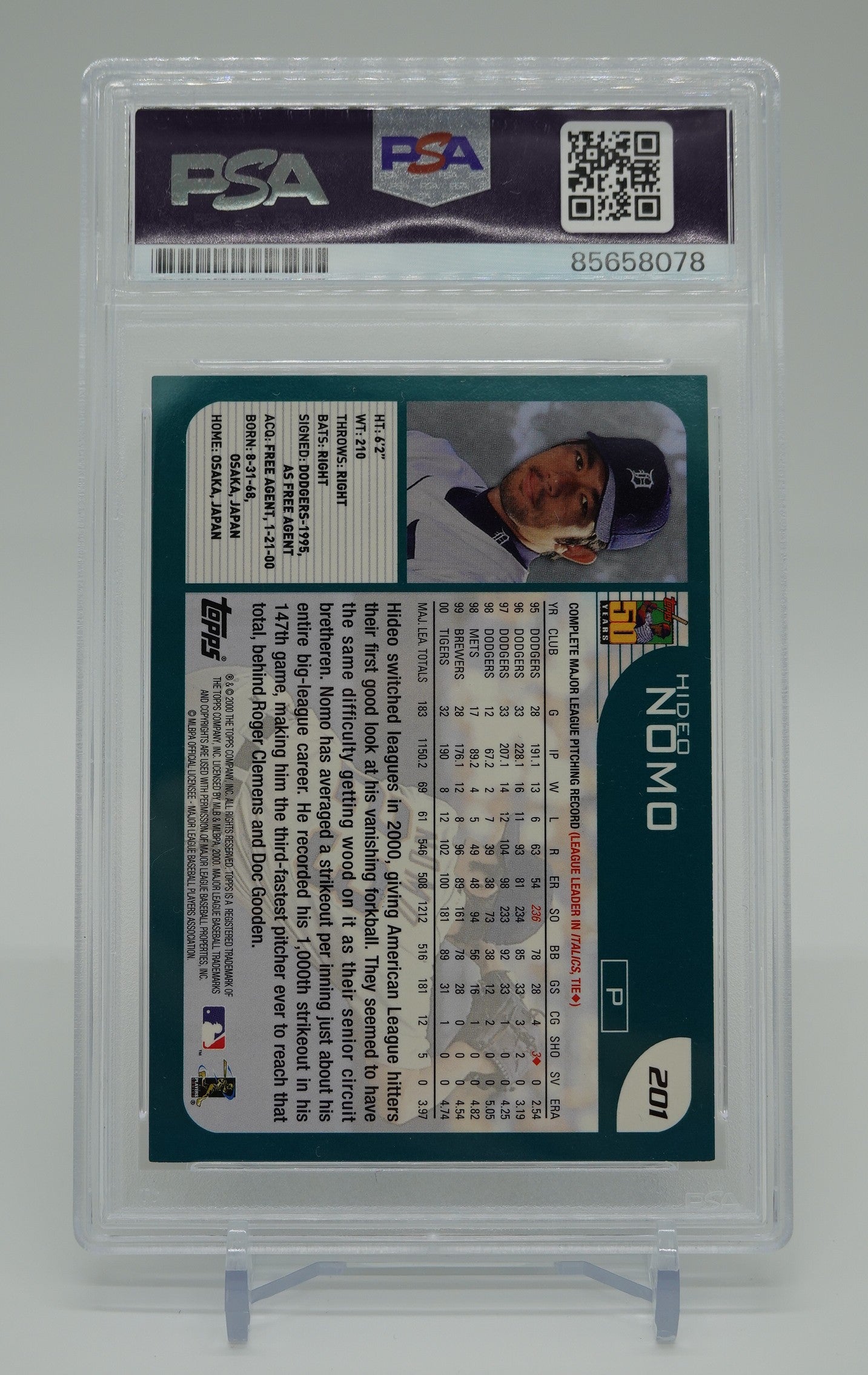 野茂英雄 直筆サイン入りカード PSA/DNA社サイン鑑定証明済 2000 Topps Baseball #201 Hideo Nomo Authentic Auto by PSA/DNA Certified