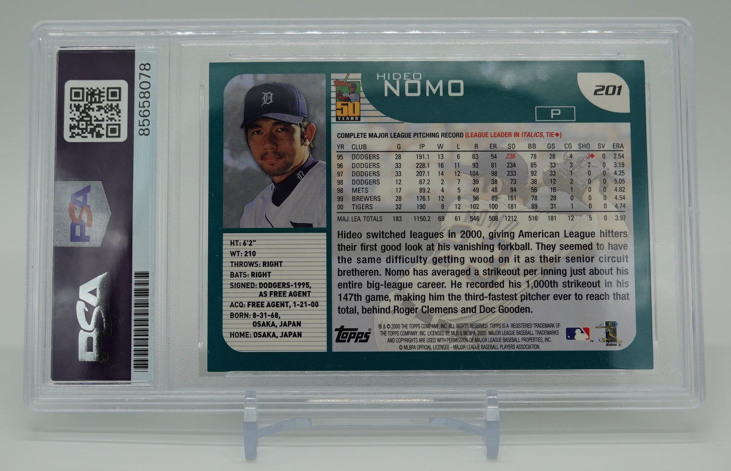 野茂英雄 直筆サイン入りカード PSA/DNA社サイン鑑定証明済 2000 Topps Baseball #201 Hideo Nomo Authentic Auto by PSA/DNA Certified