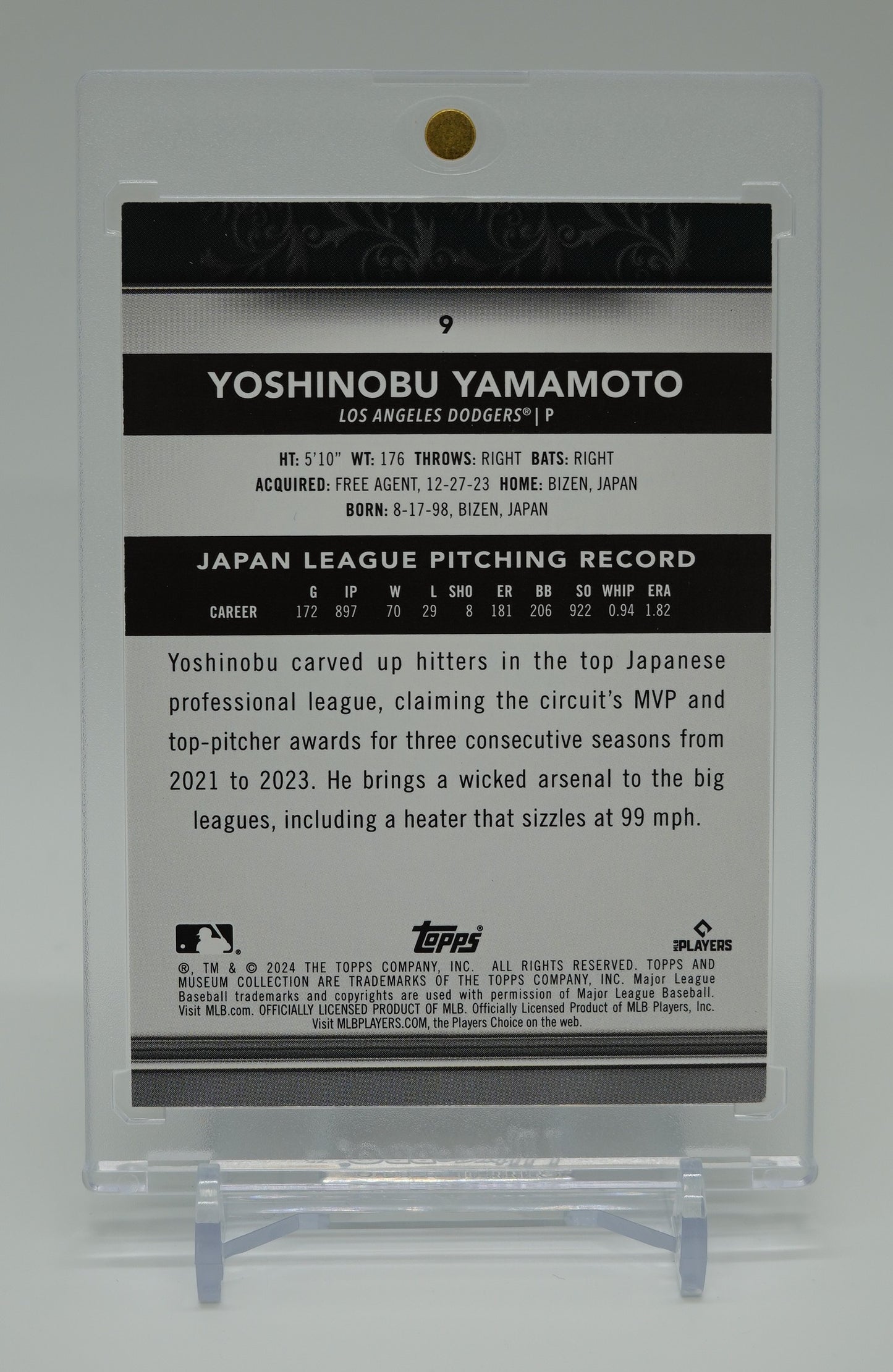 世界99枚限定 アメジスト・パラレル ドジャース・山本由伸 ルーキーカード 2024 Topps Museum Collection Amethyst Parallel  #9 Yoshinobu Yamamoto RC #'d/99